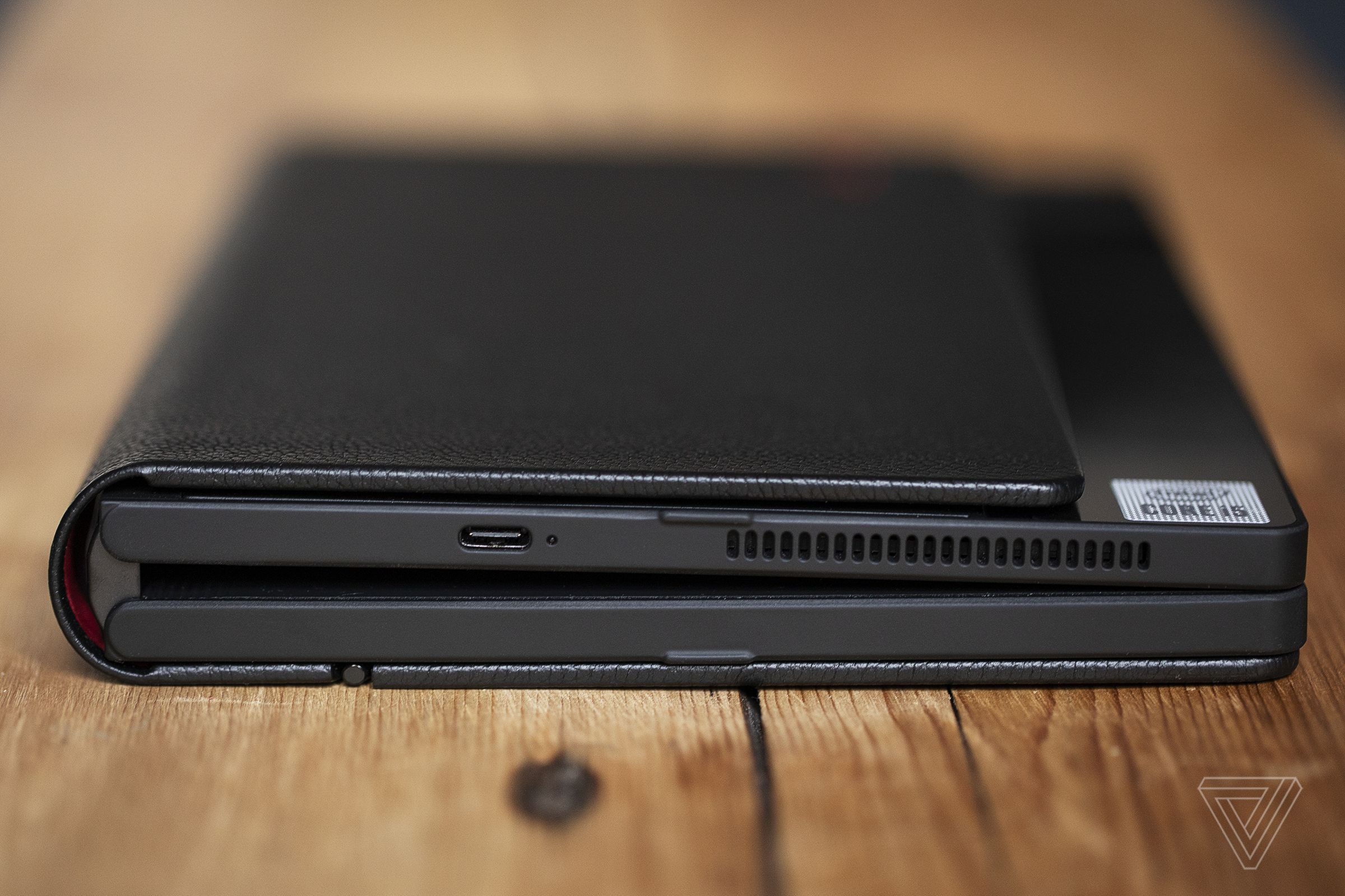 The Lenovo ThinkPad X1 Fold, closed, from the bottom.
