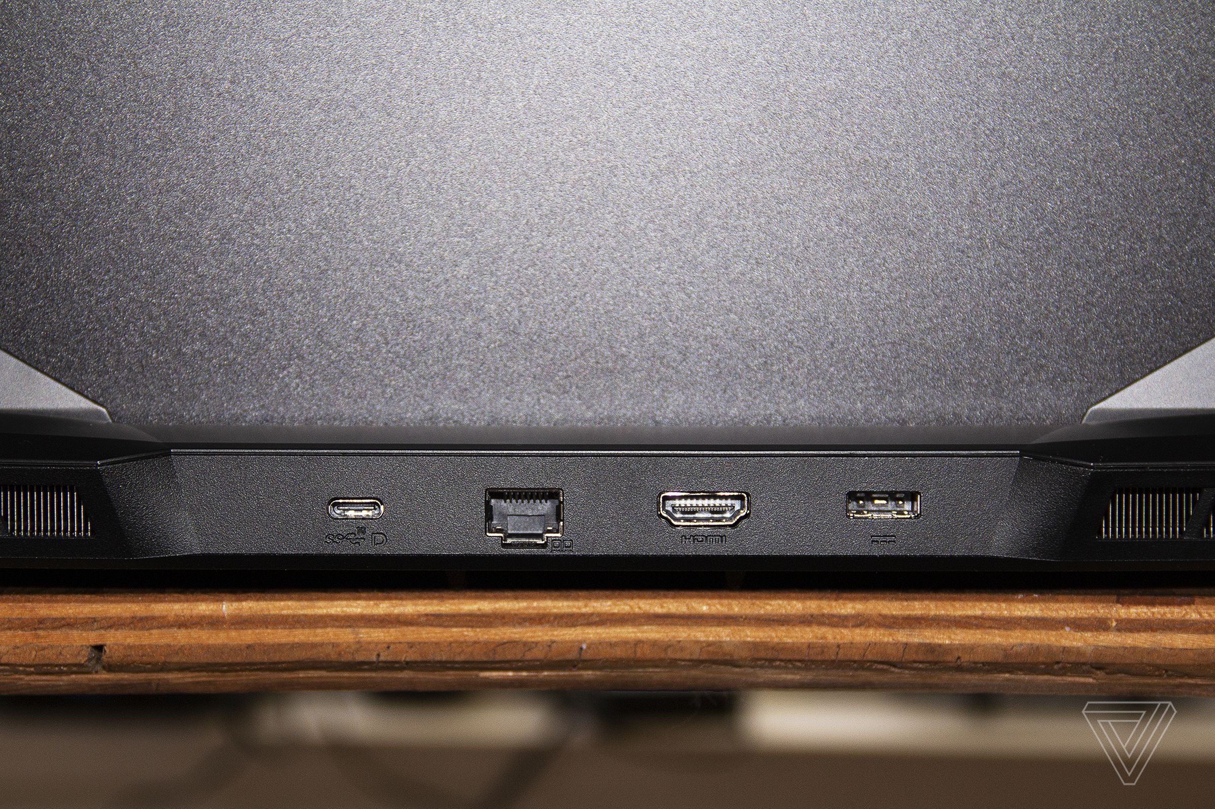 The ports in the back of the MSI GP66 Leopard, close  up.