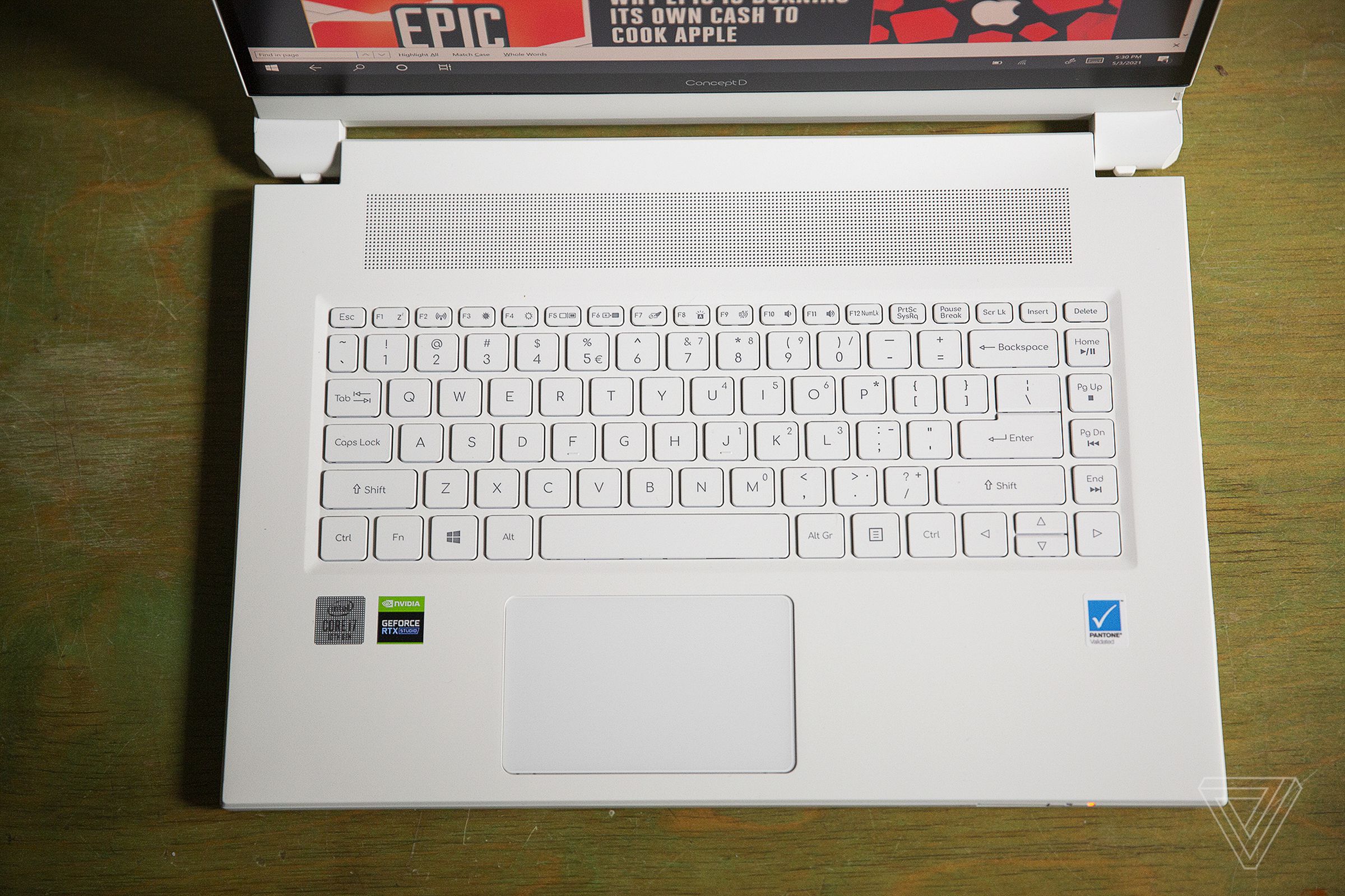The Acer ConceptD 7 Ezel keyboard seen from above.