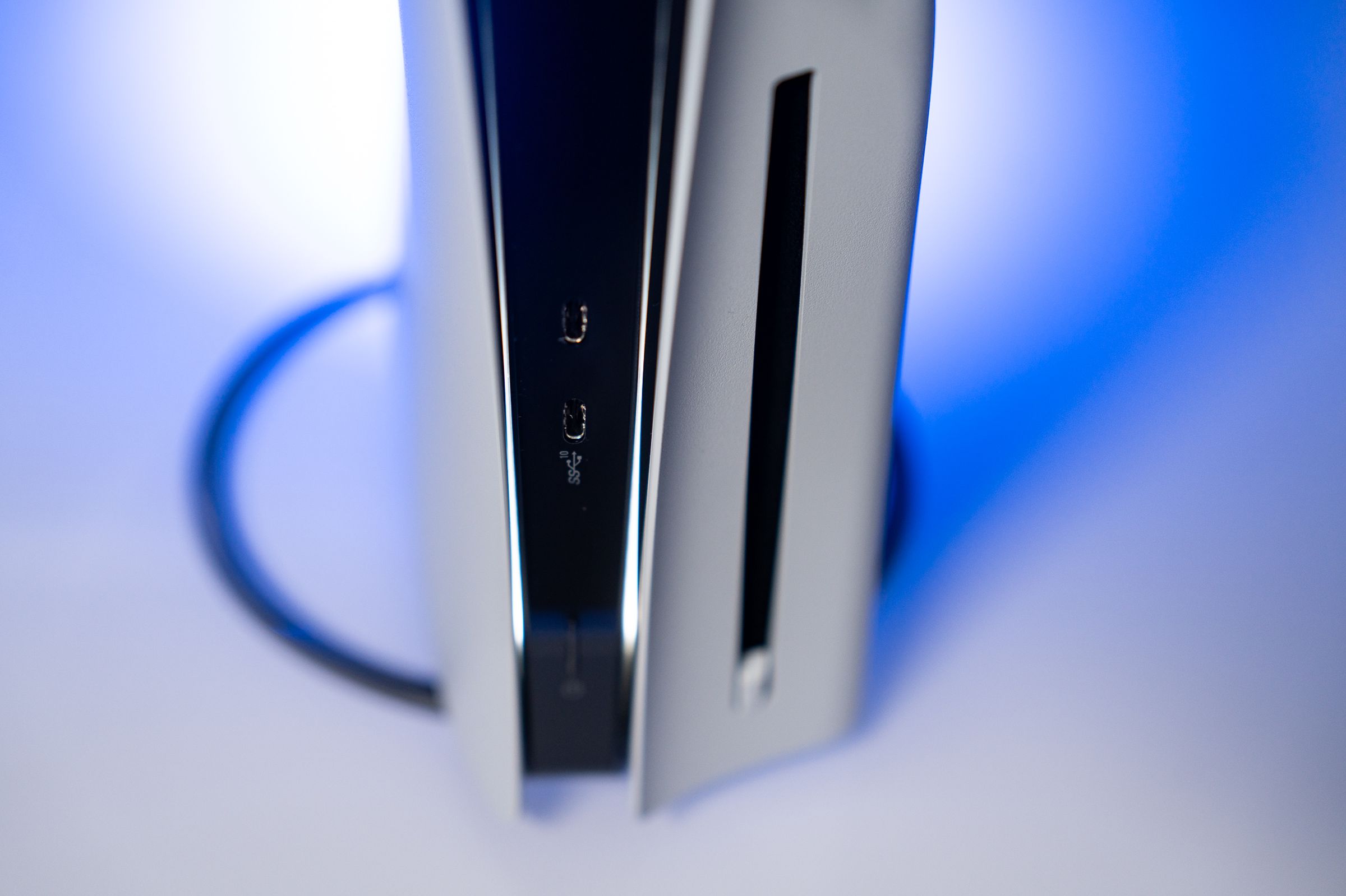<em>The new PS5’s case lighting is now lower in its side panels.</em>