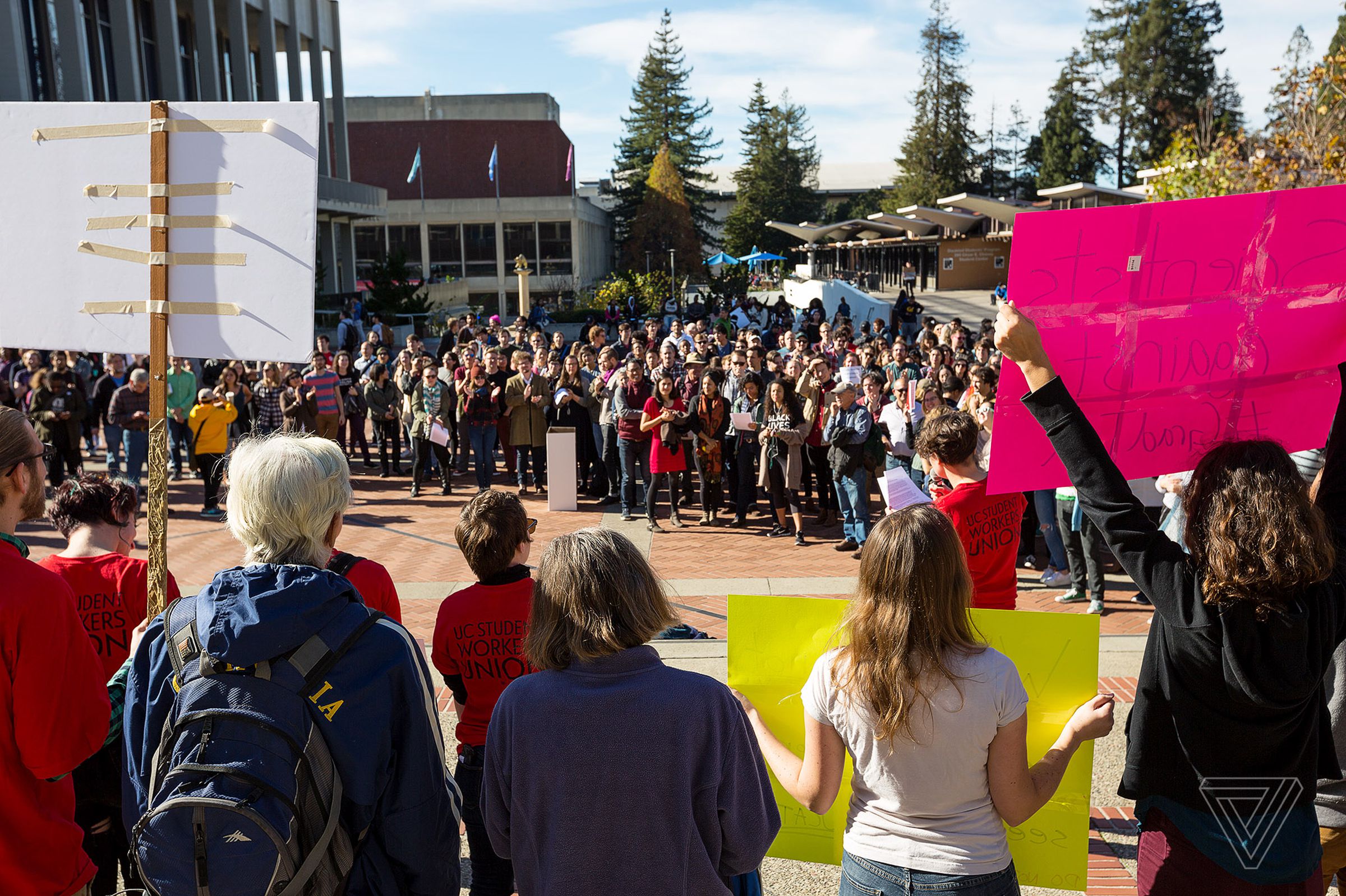A crowd gathered around the protesters in Sproul Plaza at UC Berkeley. 