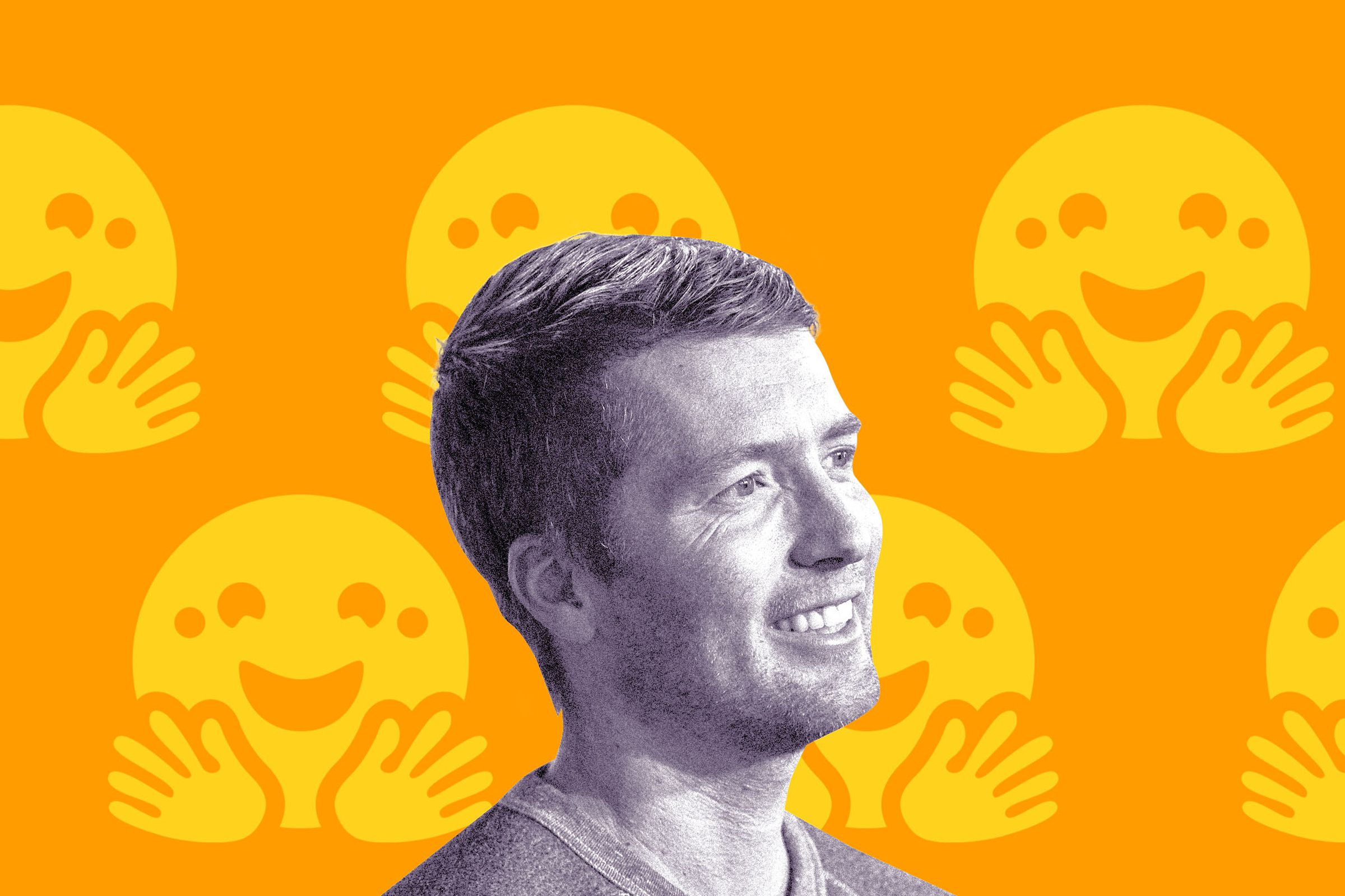 Photo illustration of Clément Delangue of Hugging Face in front of the Hugging Face logo.