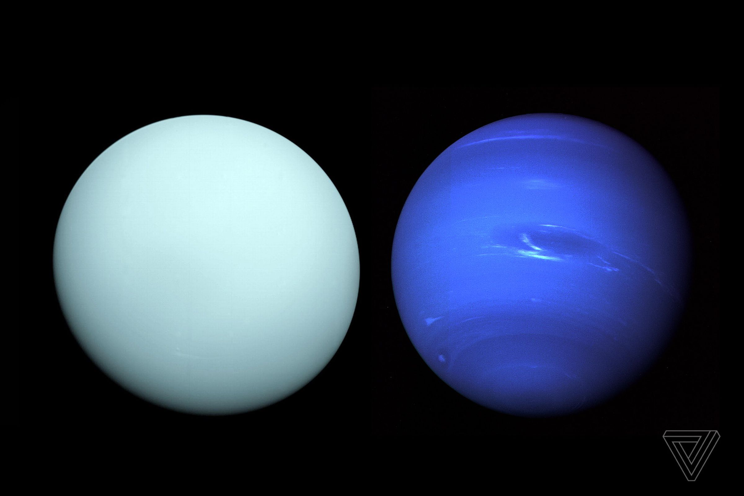 Uranus (L) and Neptune (R) as seen from Voyager 2.