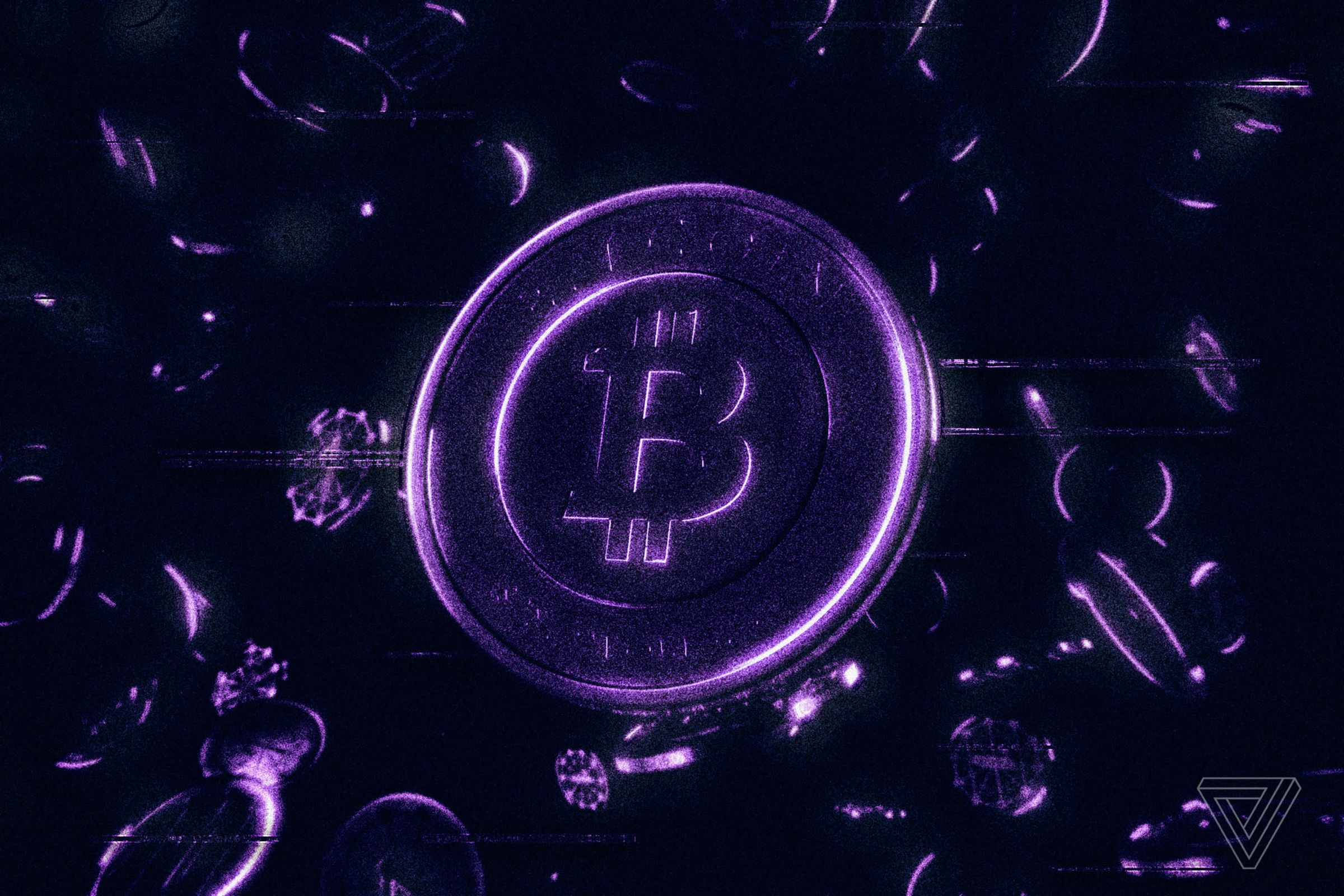 A stylized illustration of a Bitcoin in purple and black shadows.