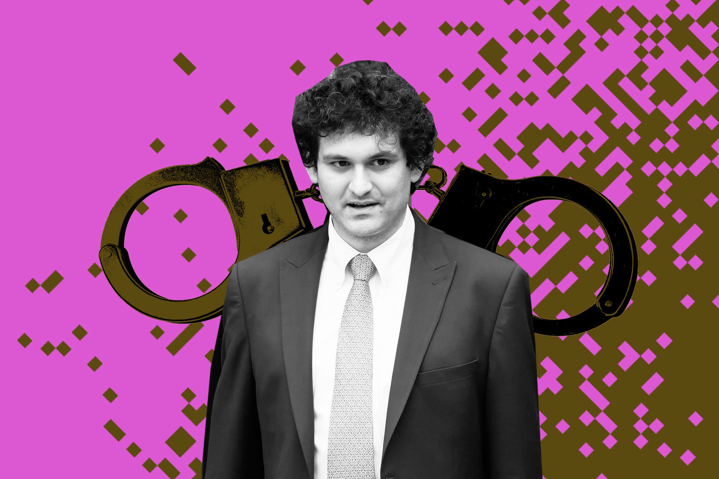 Photo illustration of Sam Bankman Fried on a background of pixels and handcuffs.
