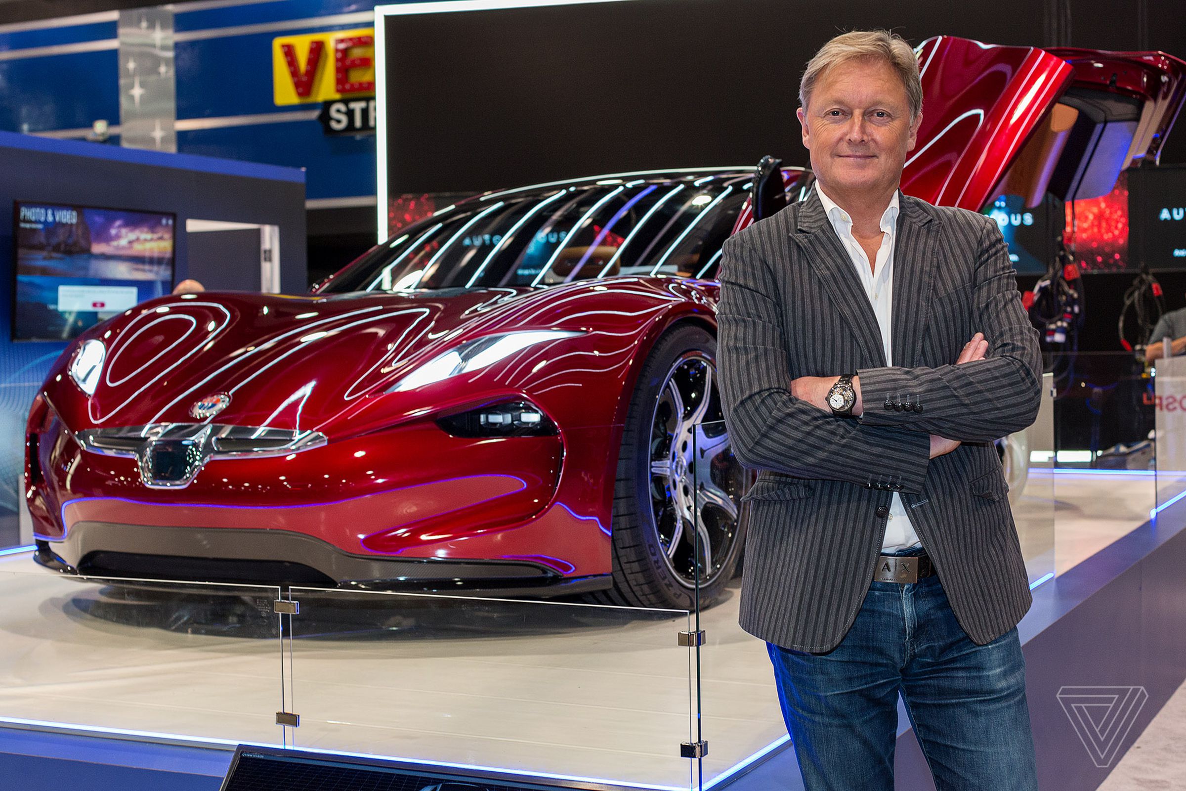 Henrik Fisker stands in front of the EMotion luxury sports car — which was supposed to use solid-state batteries — at the 2018 Consumer Electronics Show.