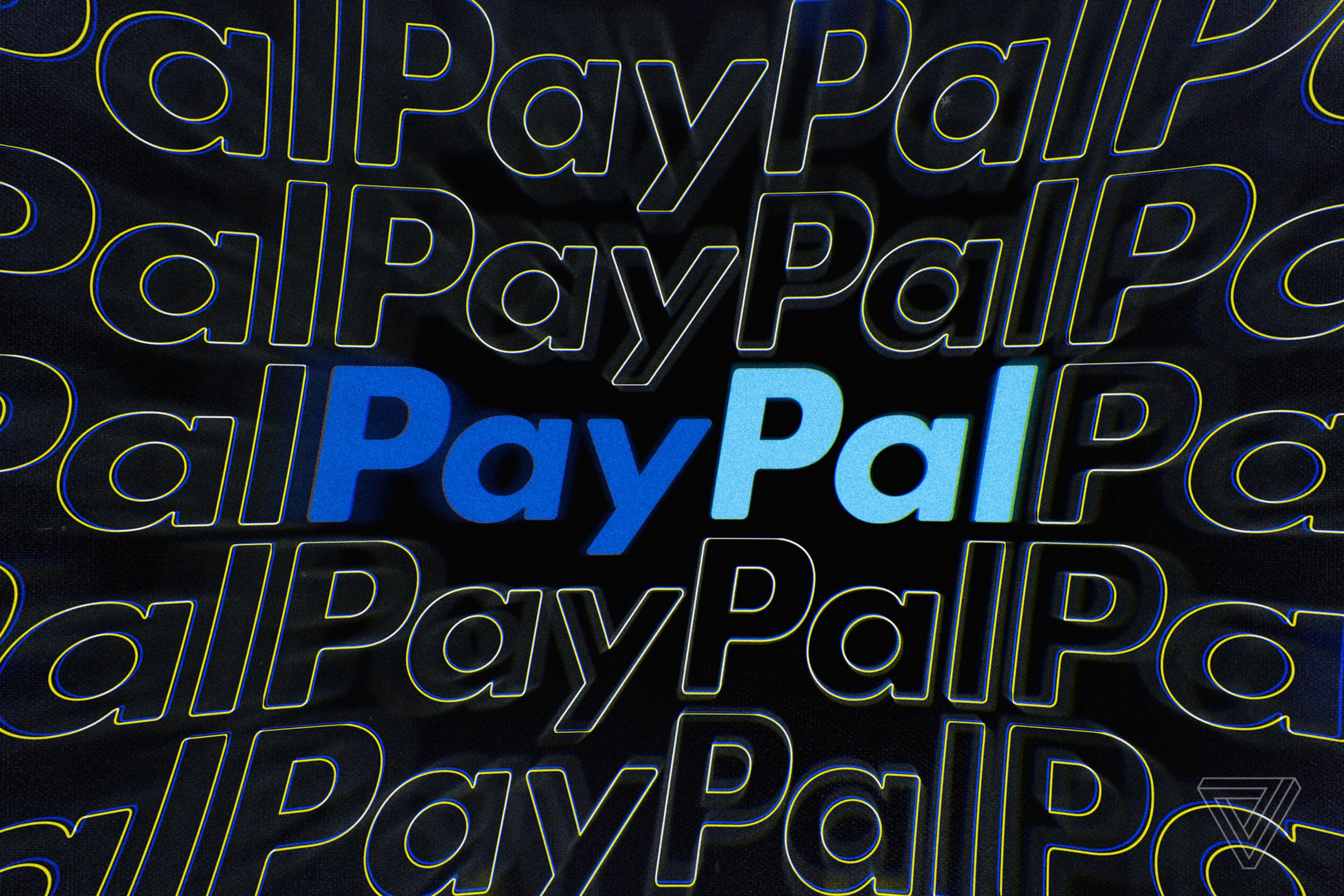An image of the PayPal spelled-out logo on a background of black and white outlines of the same.