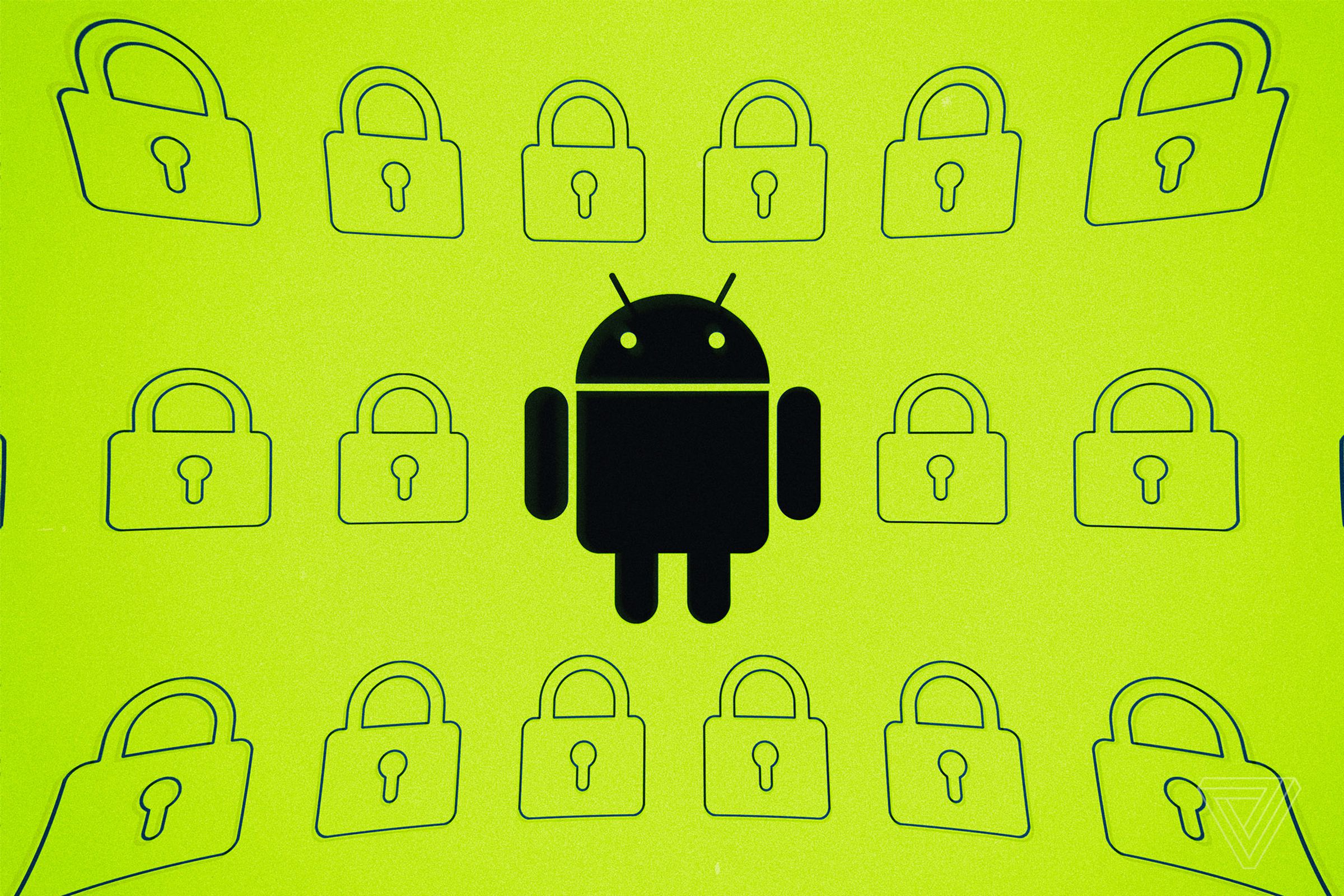 Android bot surrounded by padlocks