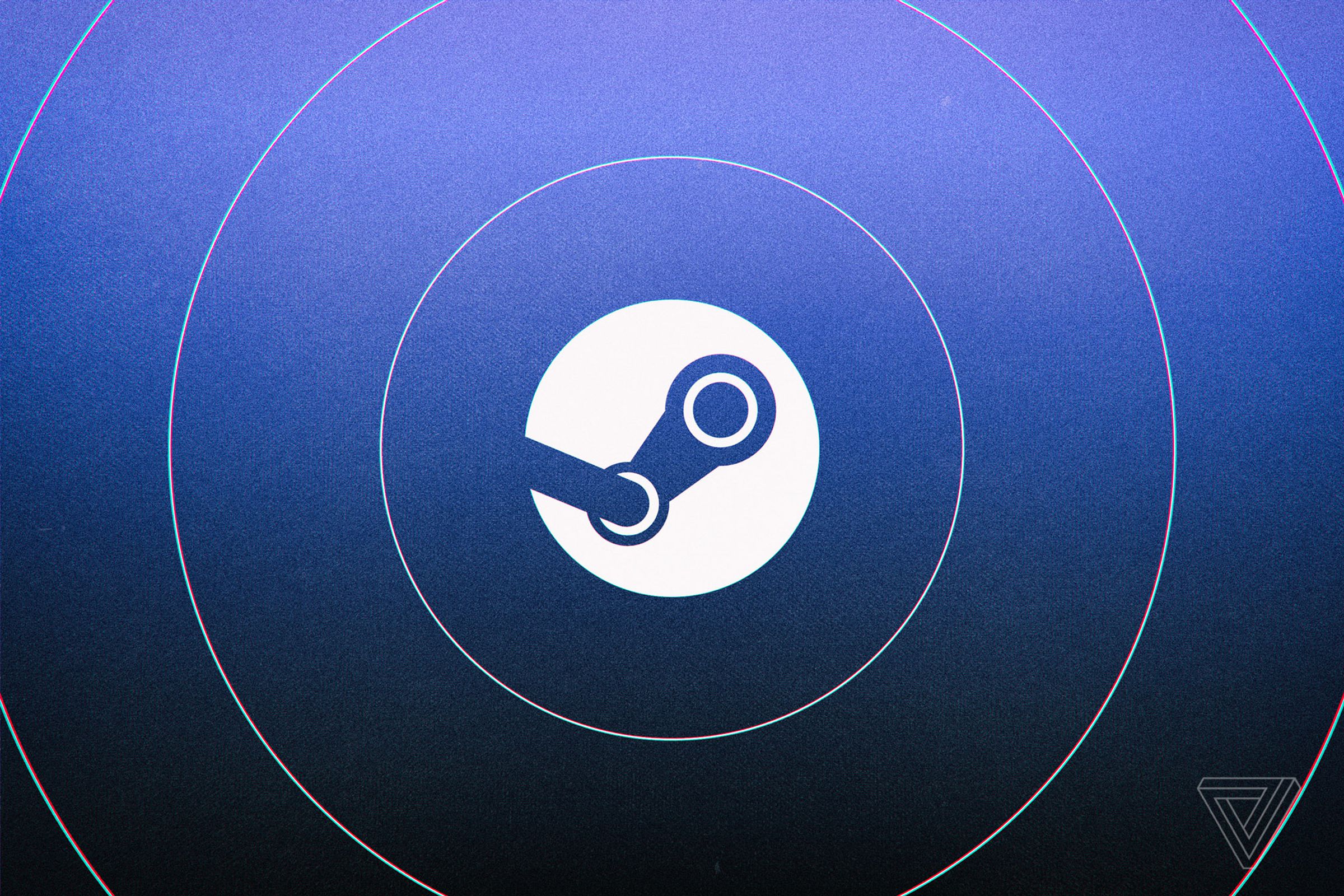 The Steam logo on a blue background. The logo is inside a few larger circles.