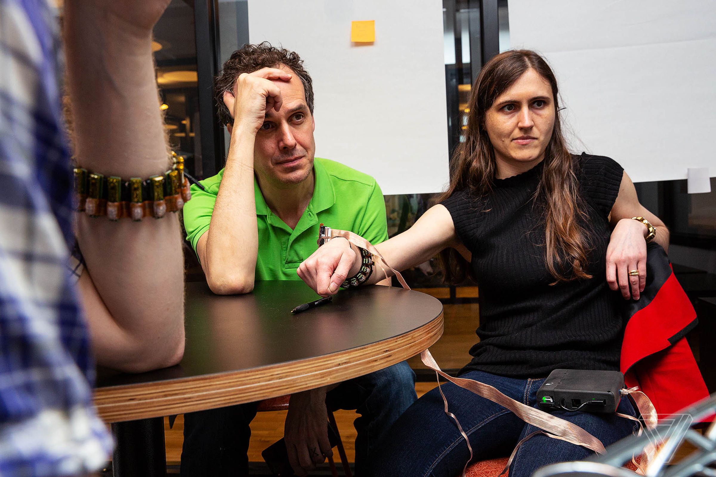 Using CTRL-Labs’ wristband prototype required intense concentration, but not actual muscle movement. CEO Thomas Reardon, left, led development of the Internet Explorer browser before co-founding CTRL-Labs in 2015. 