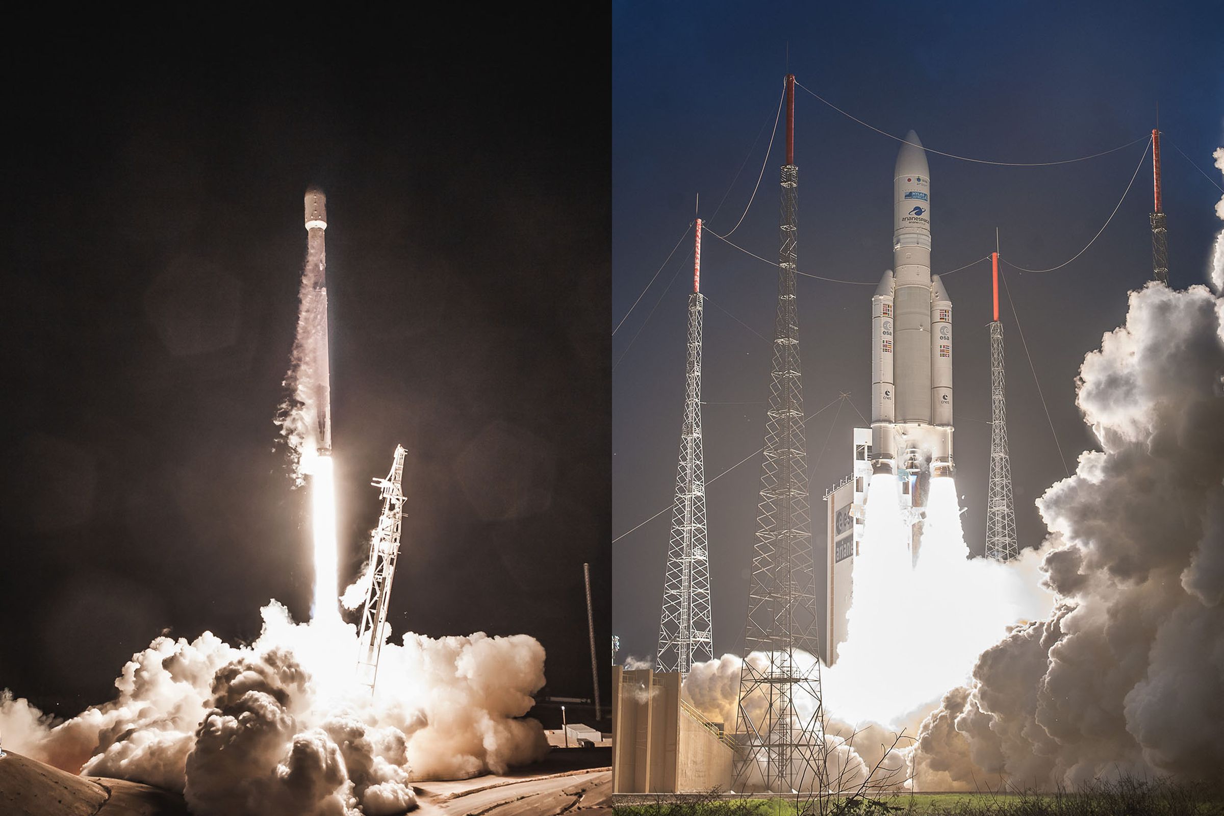 SpaceX’s Falcon 9 rocket (L) taking off from Vandenberg Air Force Base, and Arianespace’s Ariane 5 (R) taking off from French Guiana.