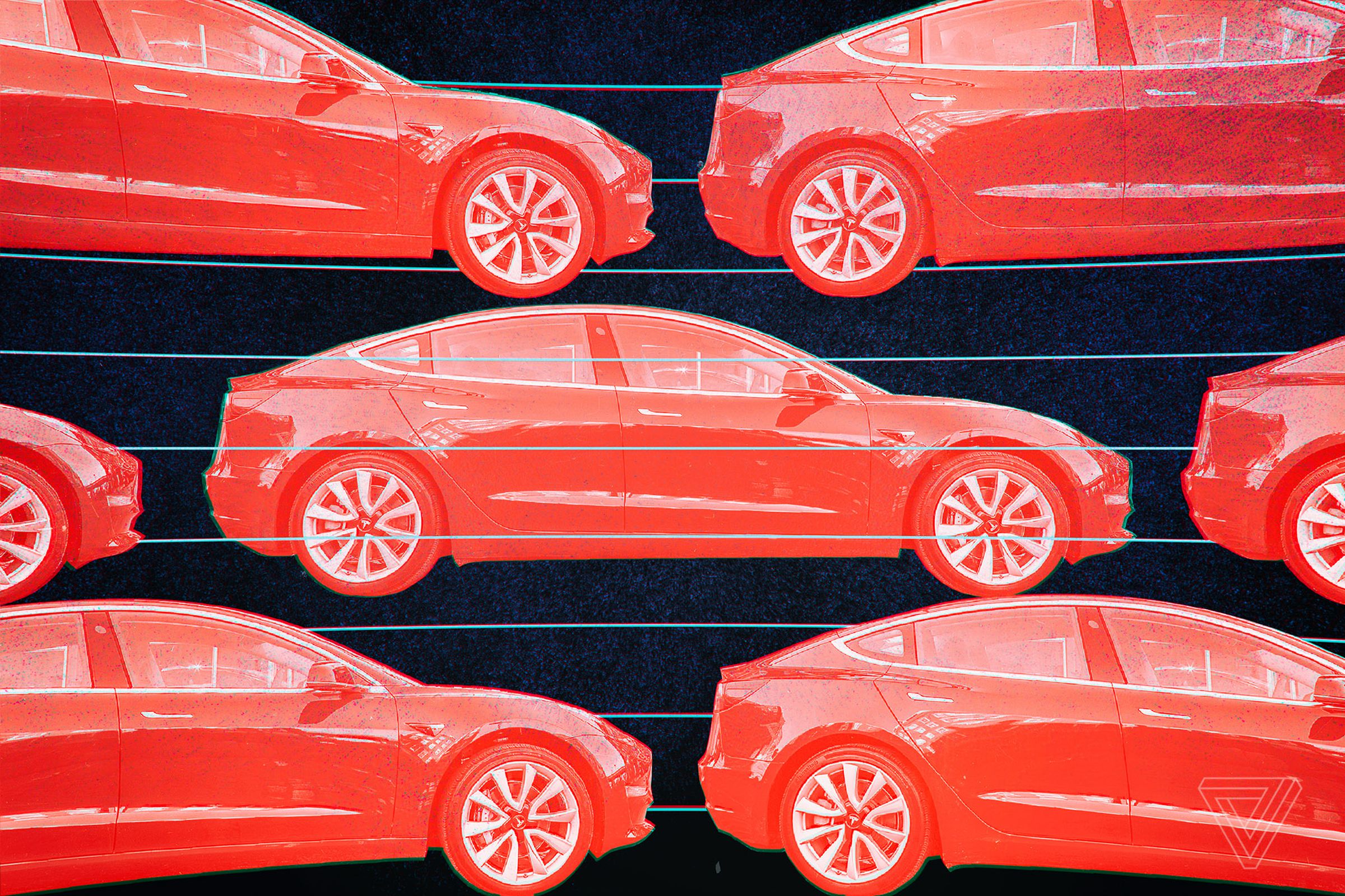 Illustration depicting multiple red Tesla sedans on a black background.