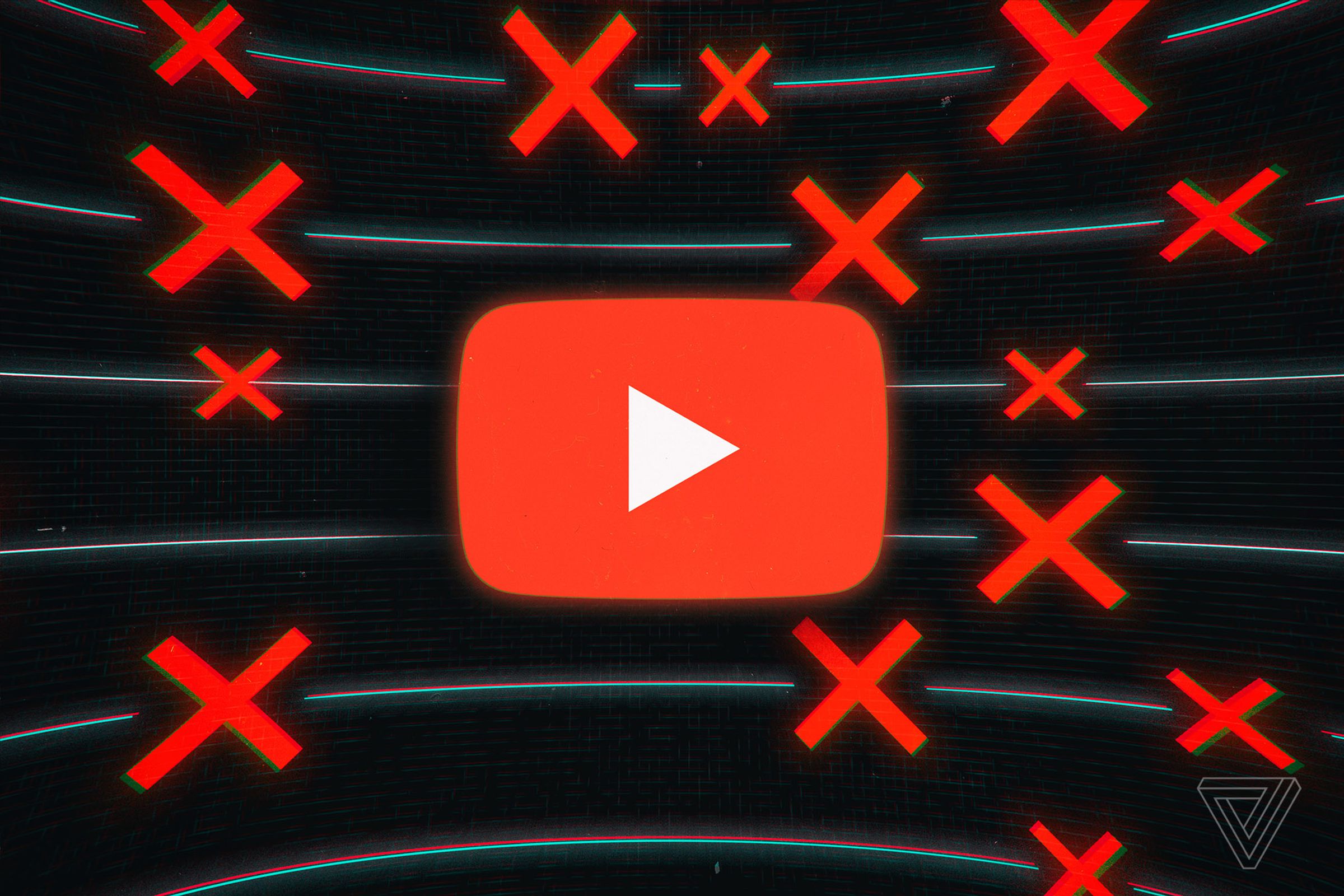 The YouTube logo against a black background with red X marks.