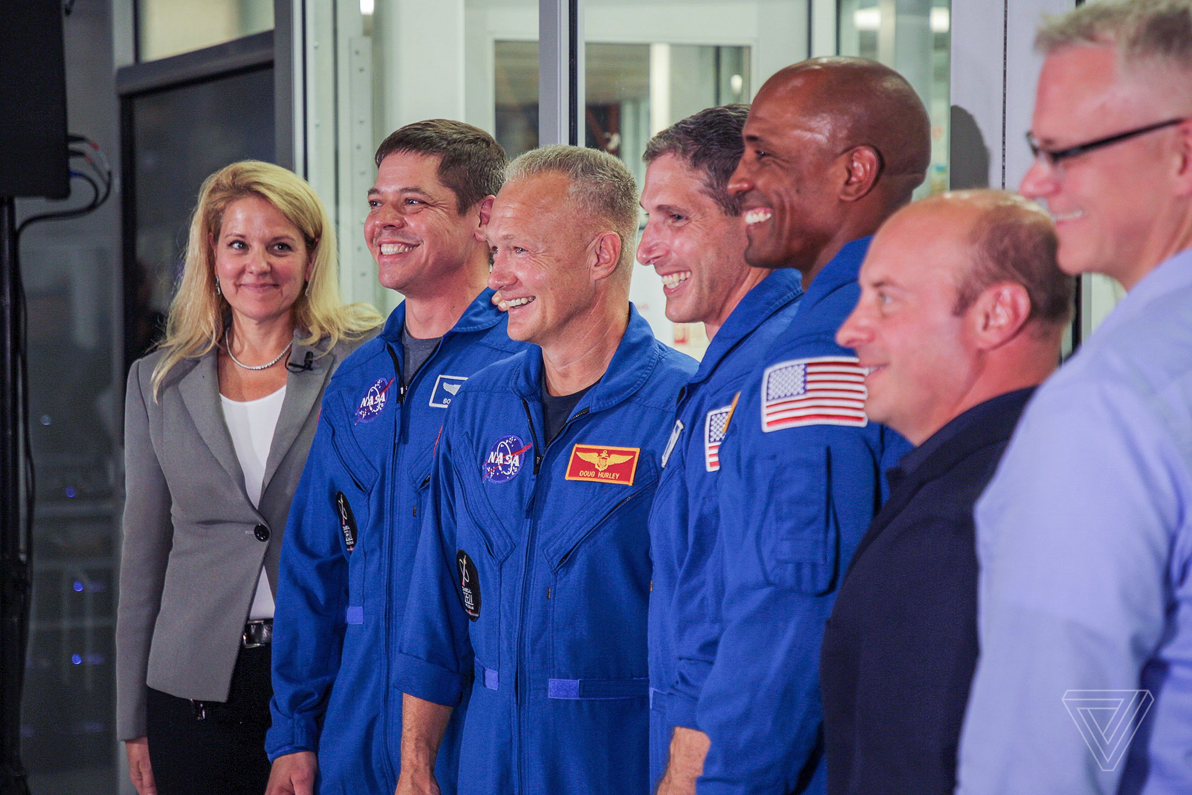 From left to right: SpaceX president Gwynne Shotwell; NASA astronauts Bob Behnken, Doug Hurley, Mike Hopkins, and Victor Glover; Garrett Reisman, SpaceX’s senior adviser for human spaceflight; and Benjamin Reed, SpaceX’s director of crew mission management.