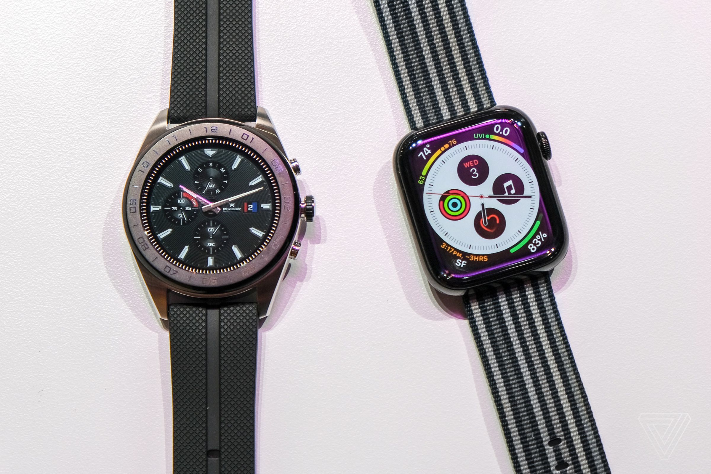 LG’s new Watch W7 next to a 44mm Apple Watch Series 4.