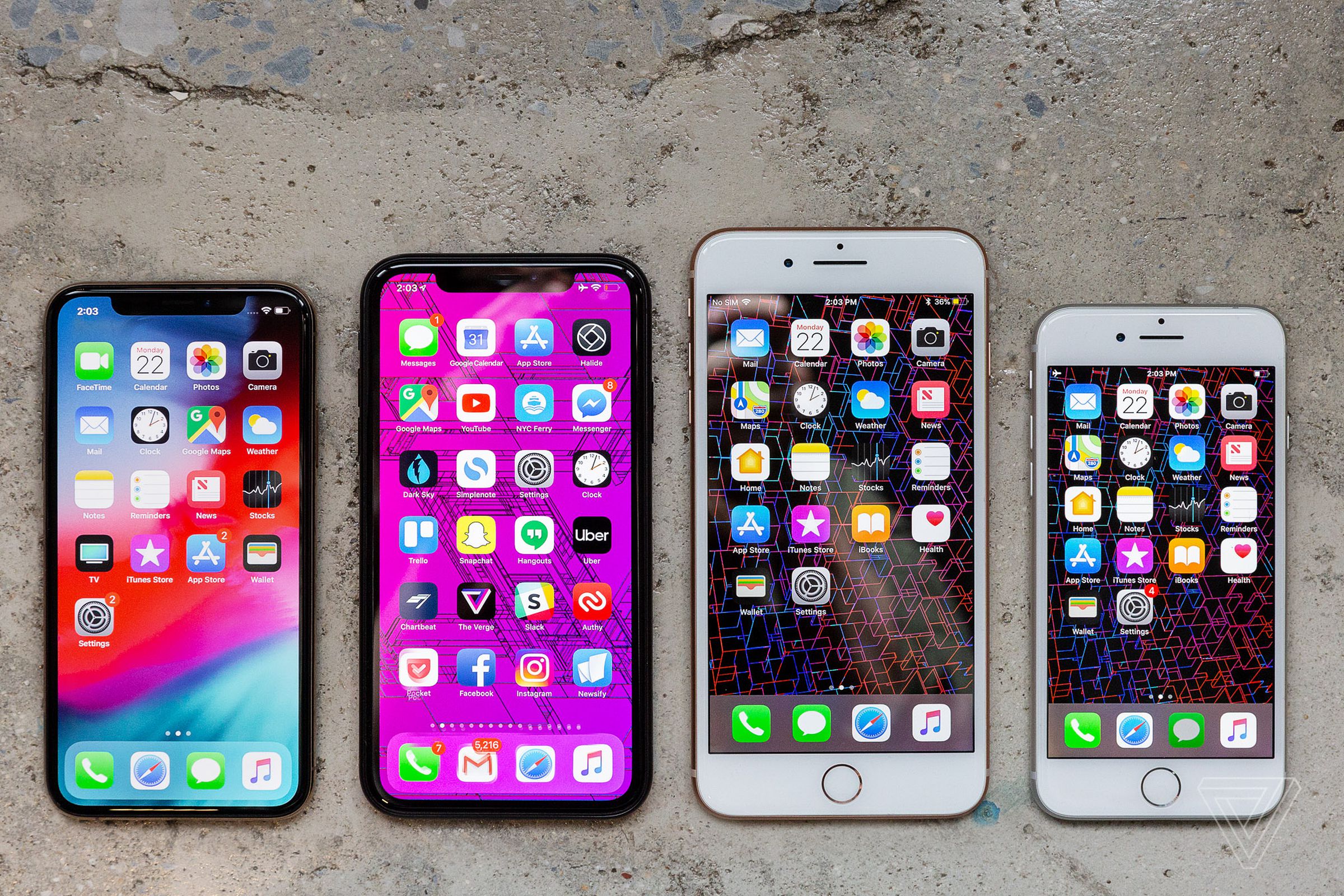 Left to right: iPhone XS, iPhone XR, iPhone 8 Plus, iPhone 8.