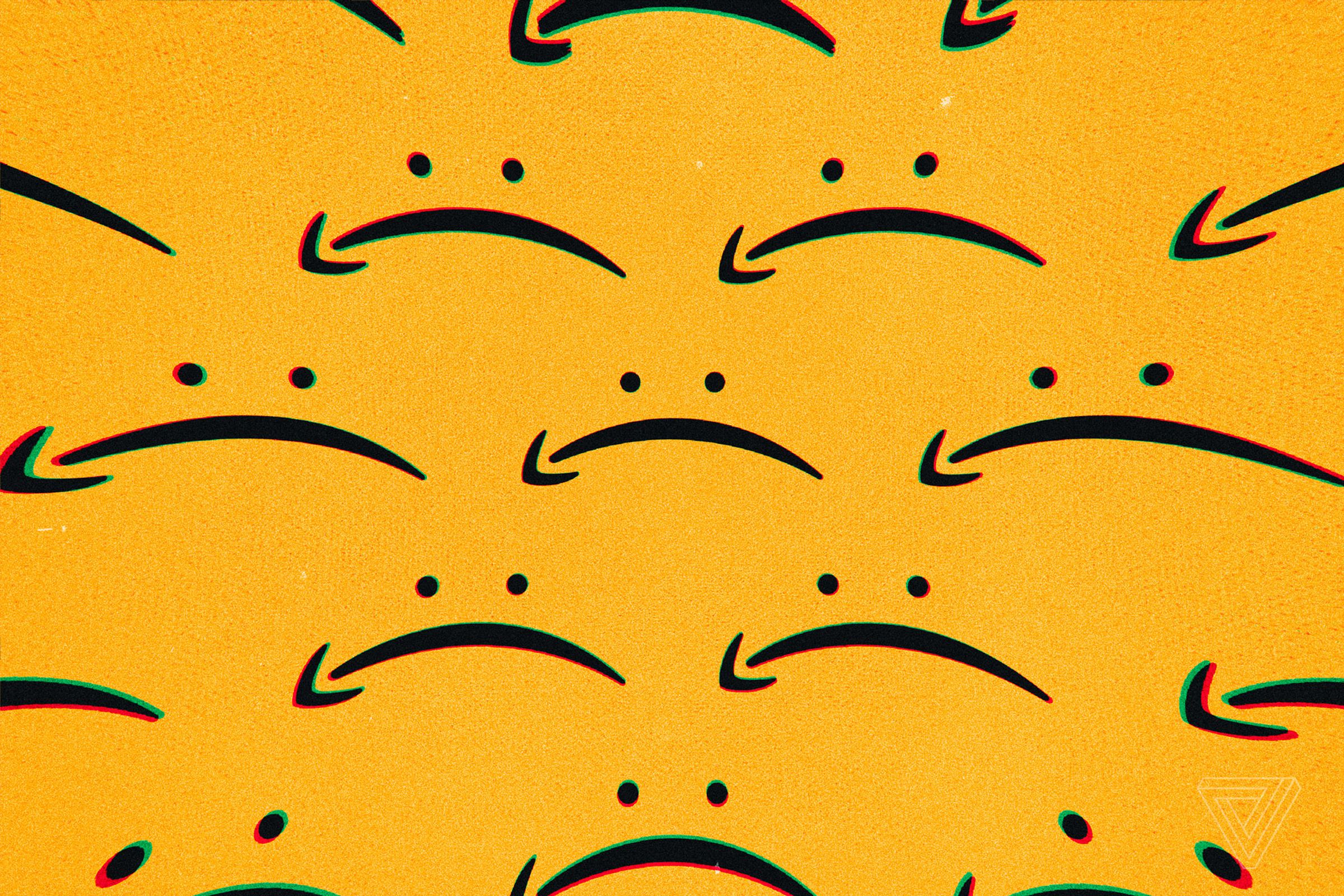 Illustration of several frowning faces made using an upside-down version of the Amazon logo.