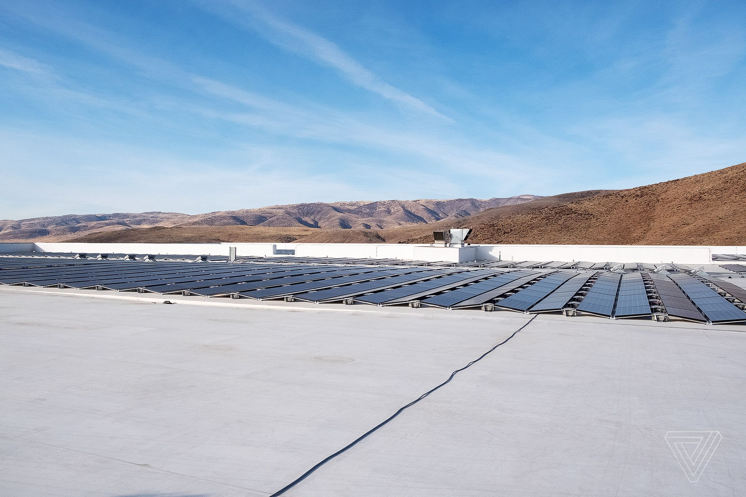 Solar panels on the roof of the Gigafactory. Tesla aims to cover the entire top of the facility with solar panels in order to someday operate off the grid.