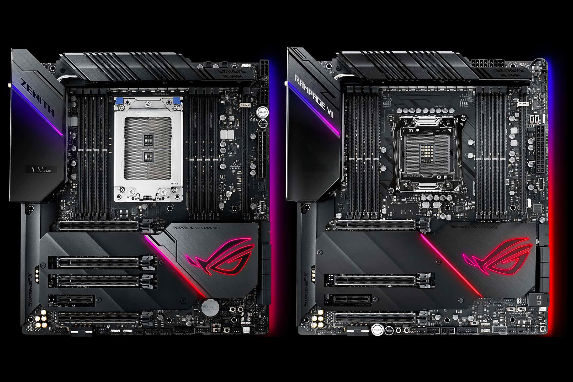 Asus ROG Zenith Extreme Alpha for AMD processors (left) and Asus ROG Rampage VI Extreme Omega for Intel systems.