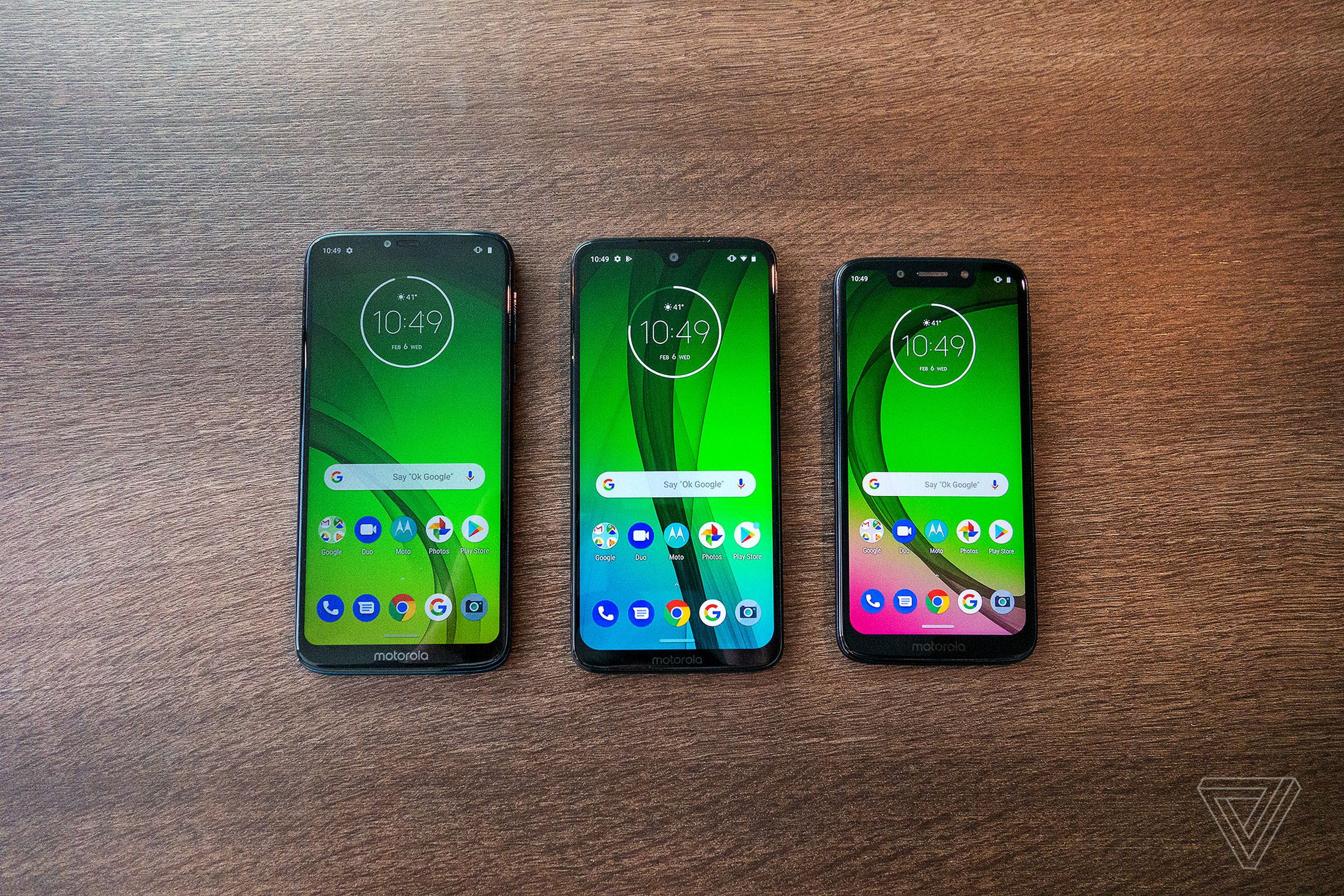 From left to right: Moto G7 Power, Moto G7, Moto G7 Play