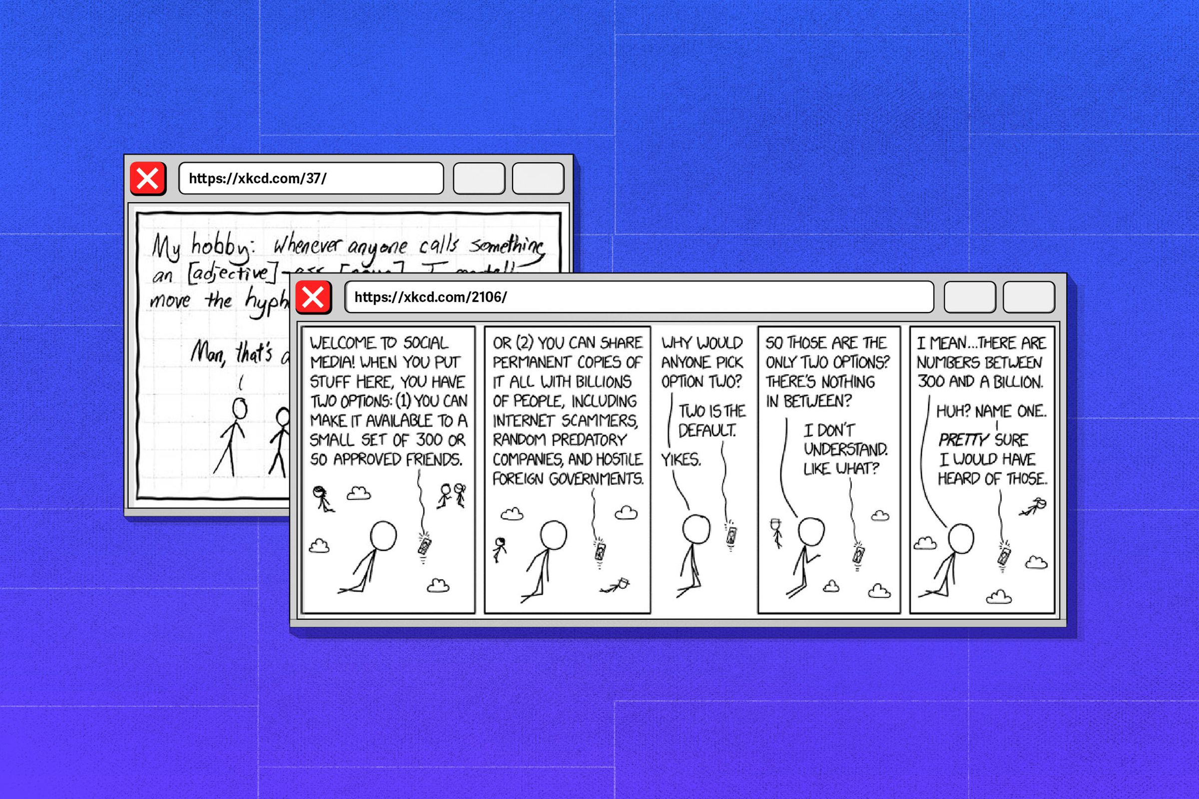 “Hyphen,” (left), “Sharing Options,” (right) from XKCD by Randall Munroe.