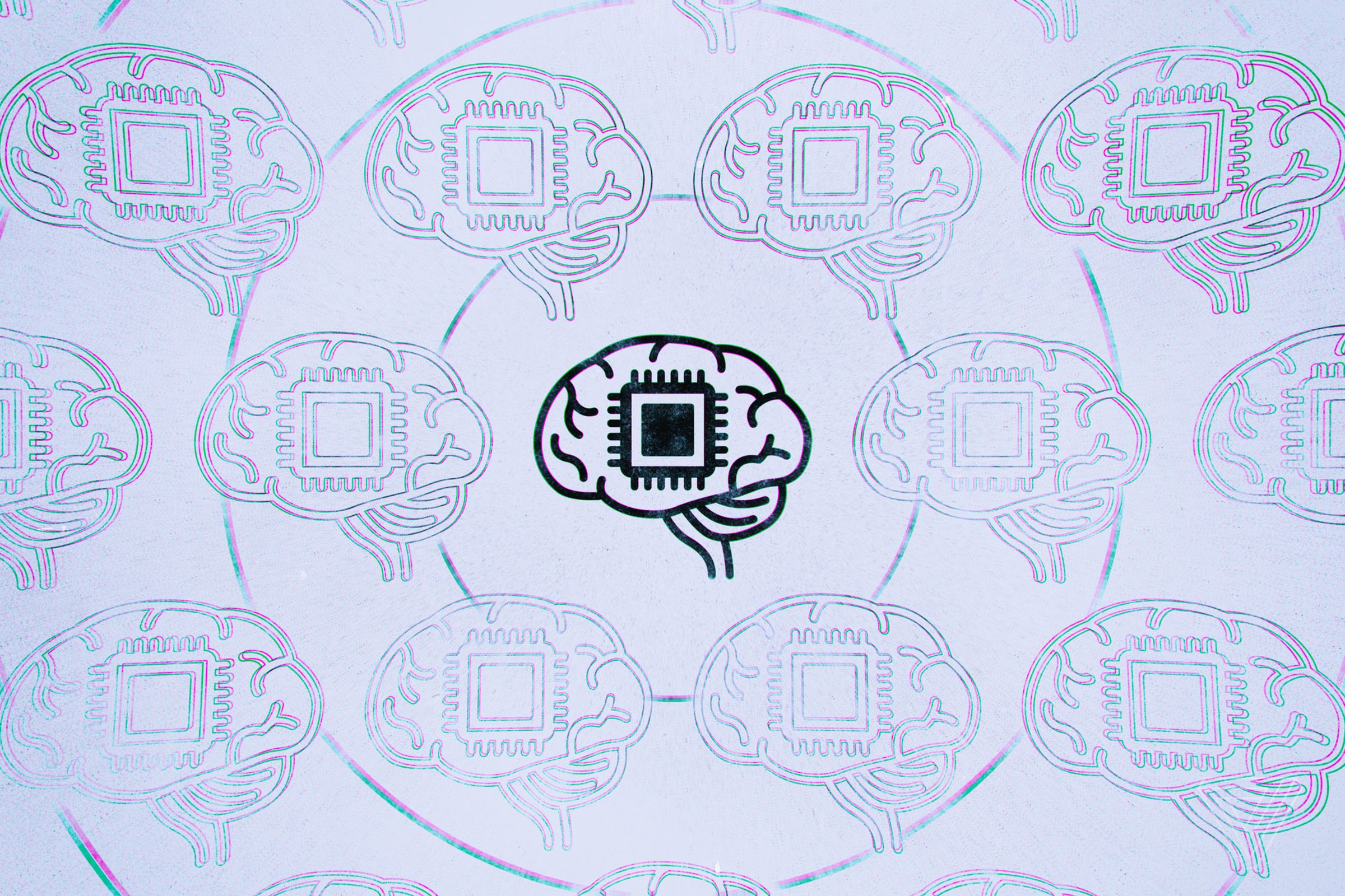 Stock image of computer chip on an illustration of the human brain.