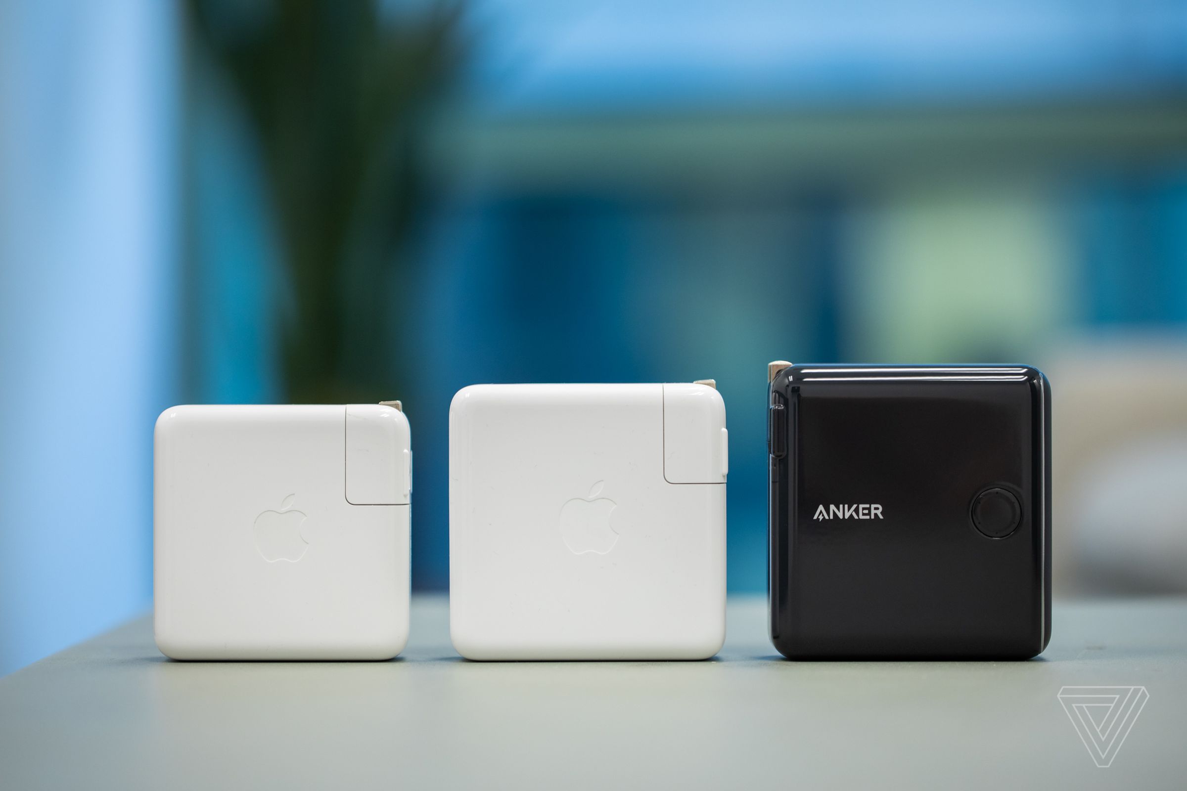 From left to right: Apple 61W adapter, Apple 87W adapter, Anker Powercore PD.
