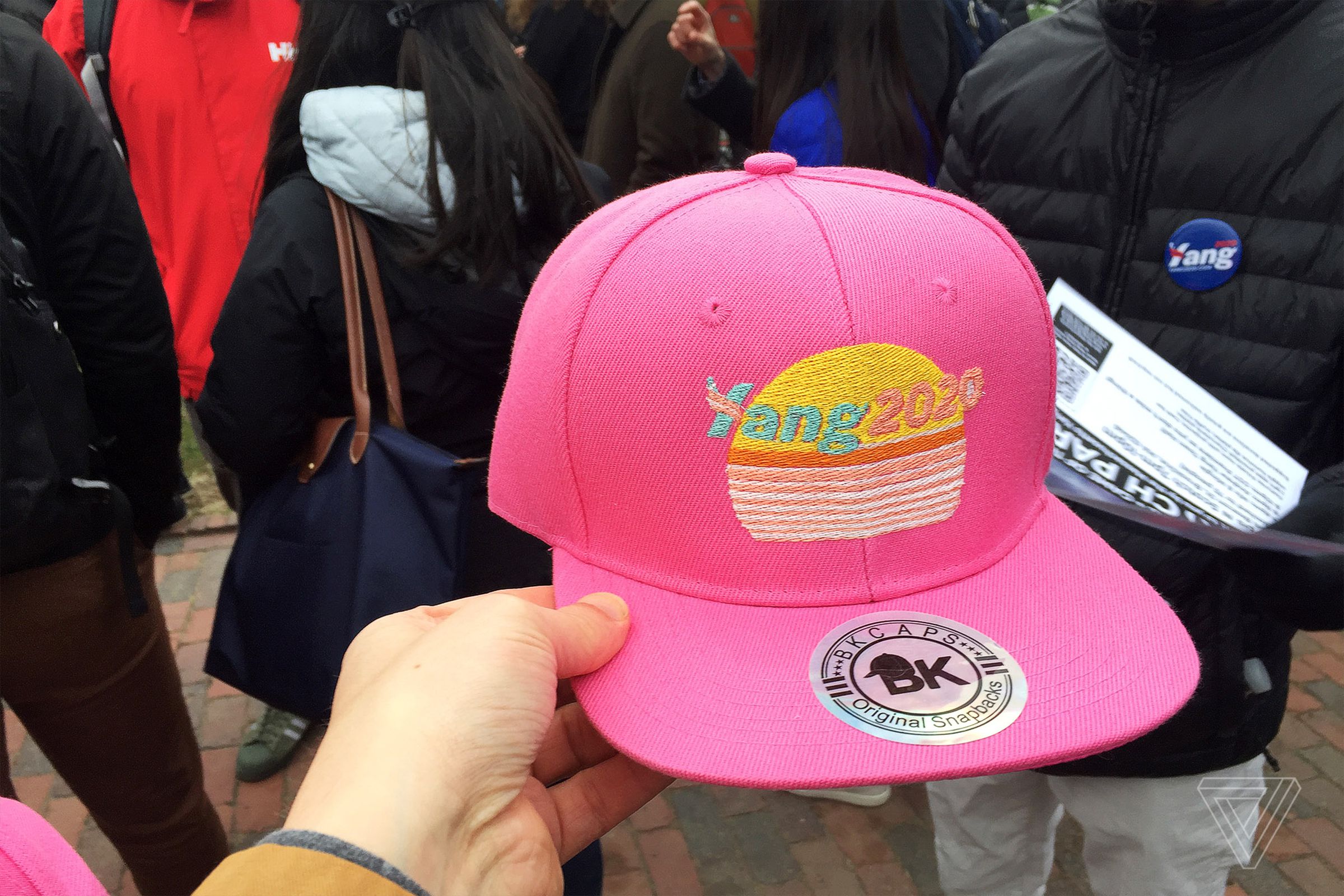 A bootleg Yang2020 hat being sold at the Boston rally.