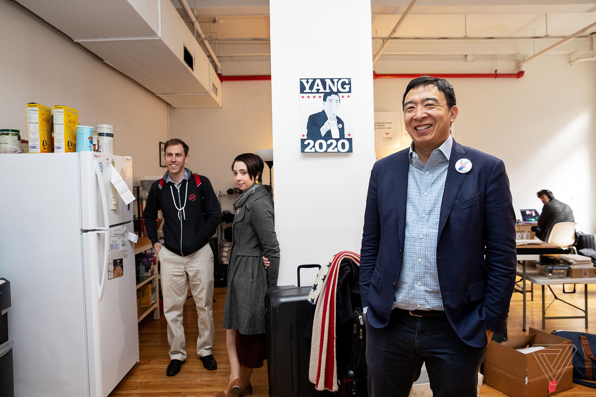 Yang with campaign staff in the New York office.