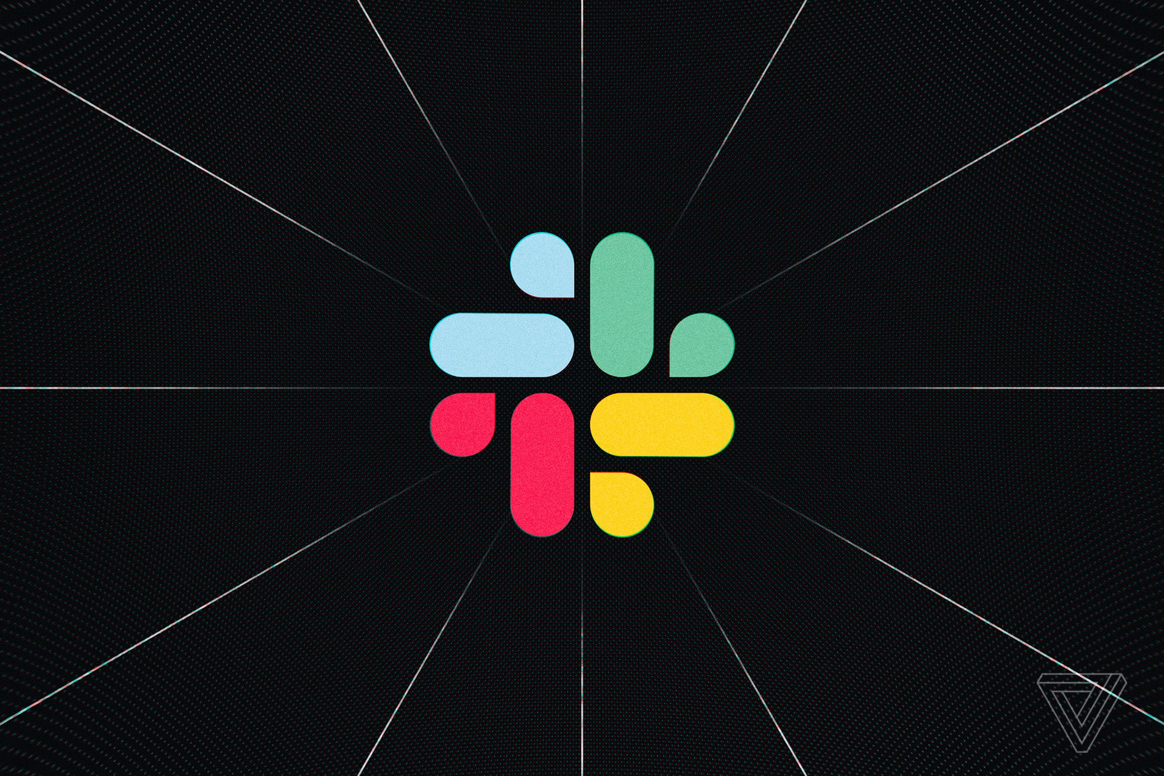 Illustration of the Slack logo on a black background, with emphasis lines pointing toward it.