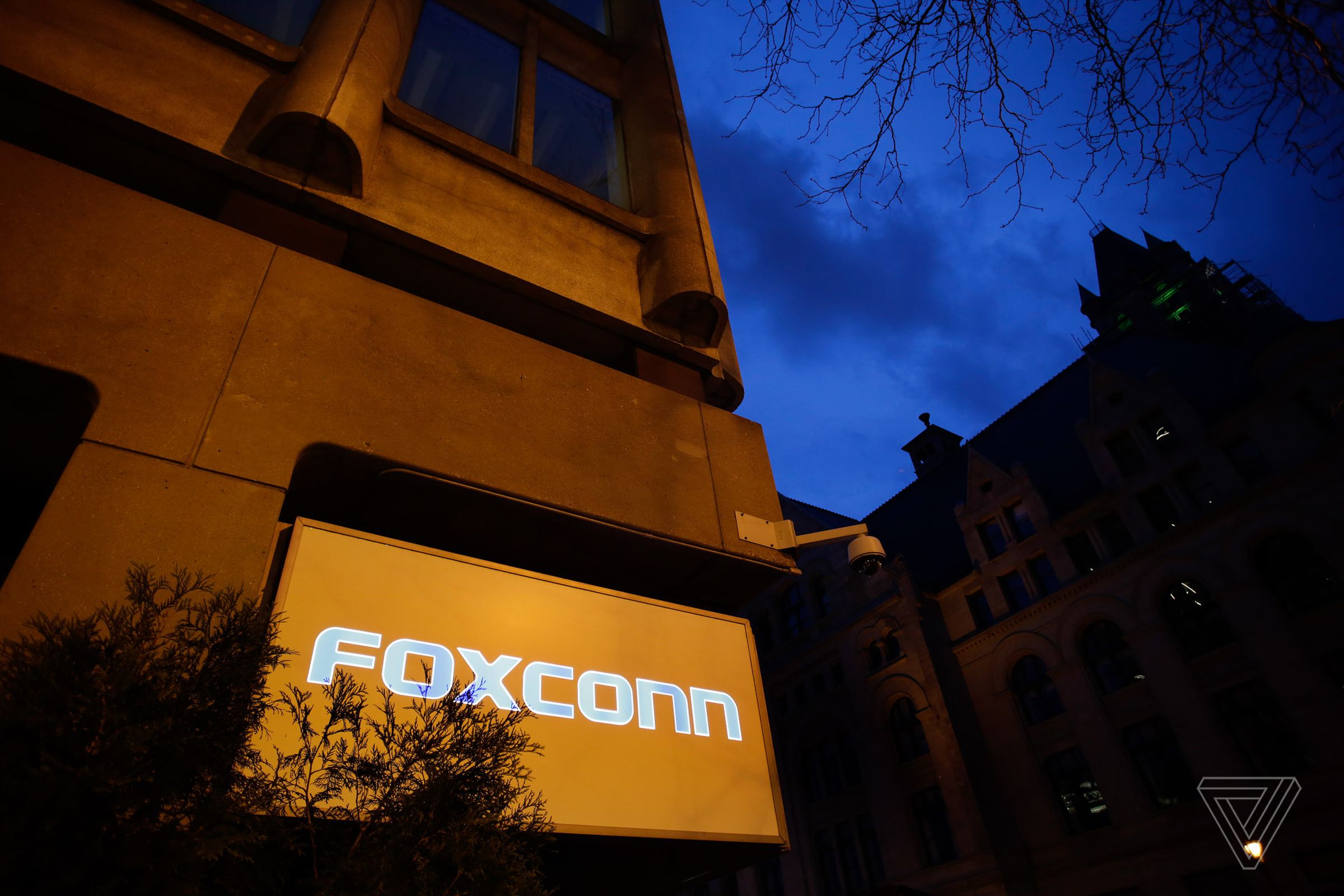 The Foxconn name displayed outside its Milwaukee headquarters. 