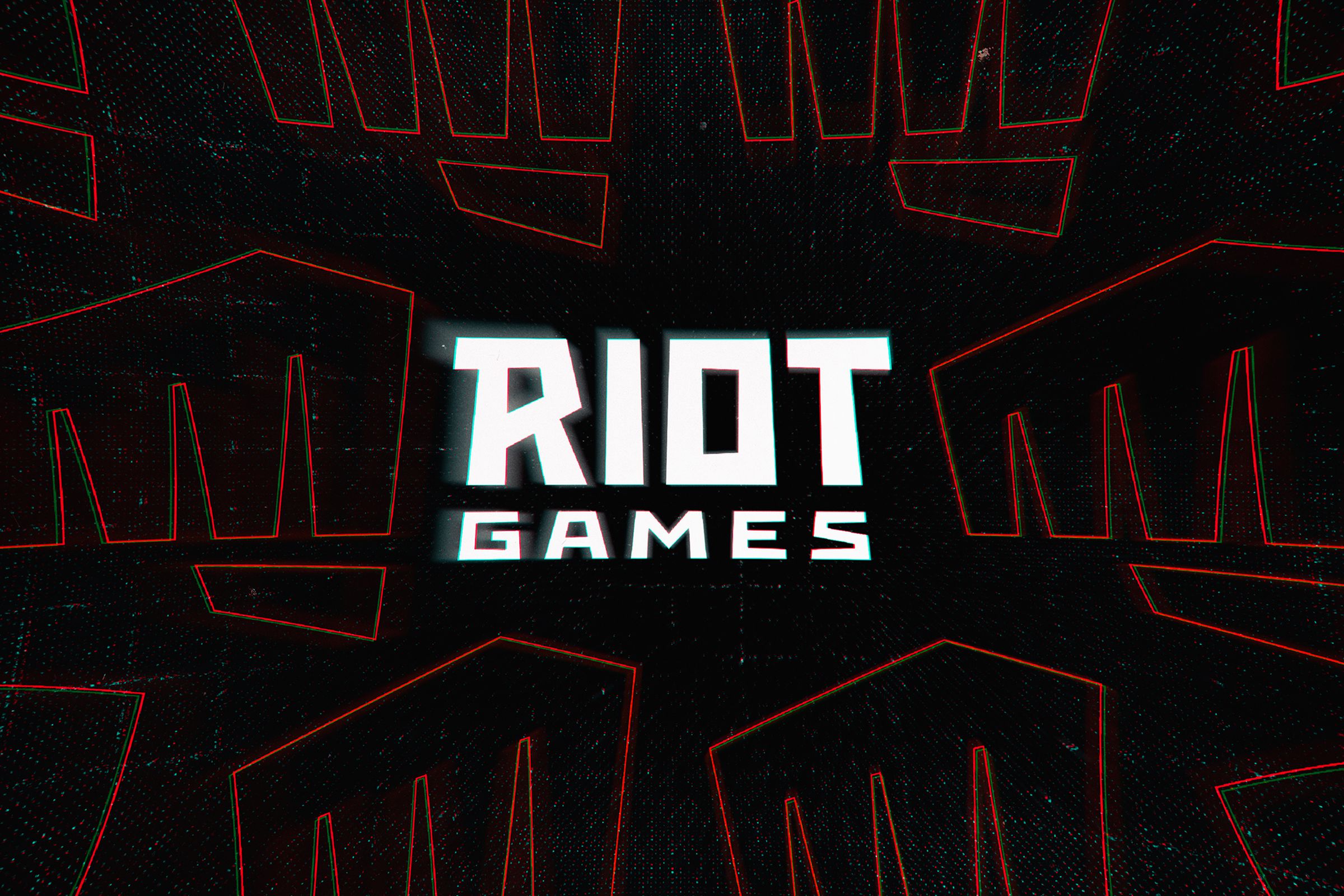 The Riot Games logo surrounded by lineart of red fists