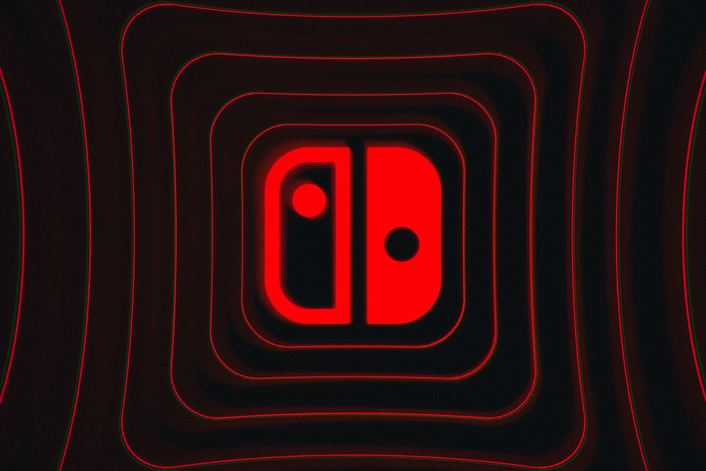 The Nintendo Switch logo on a black background with waves of thin red concentric rounded squares around it.