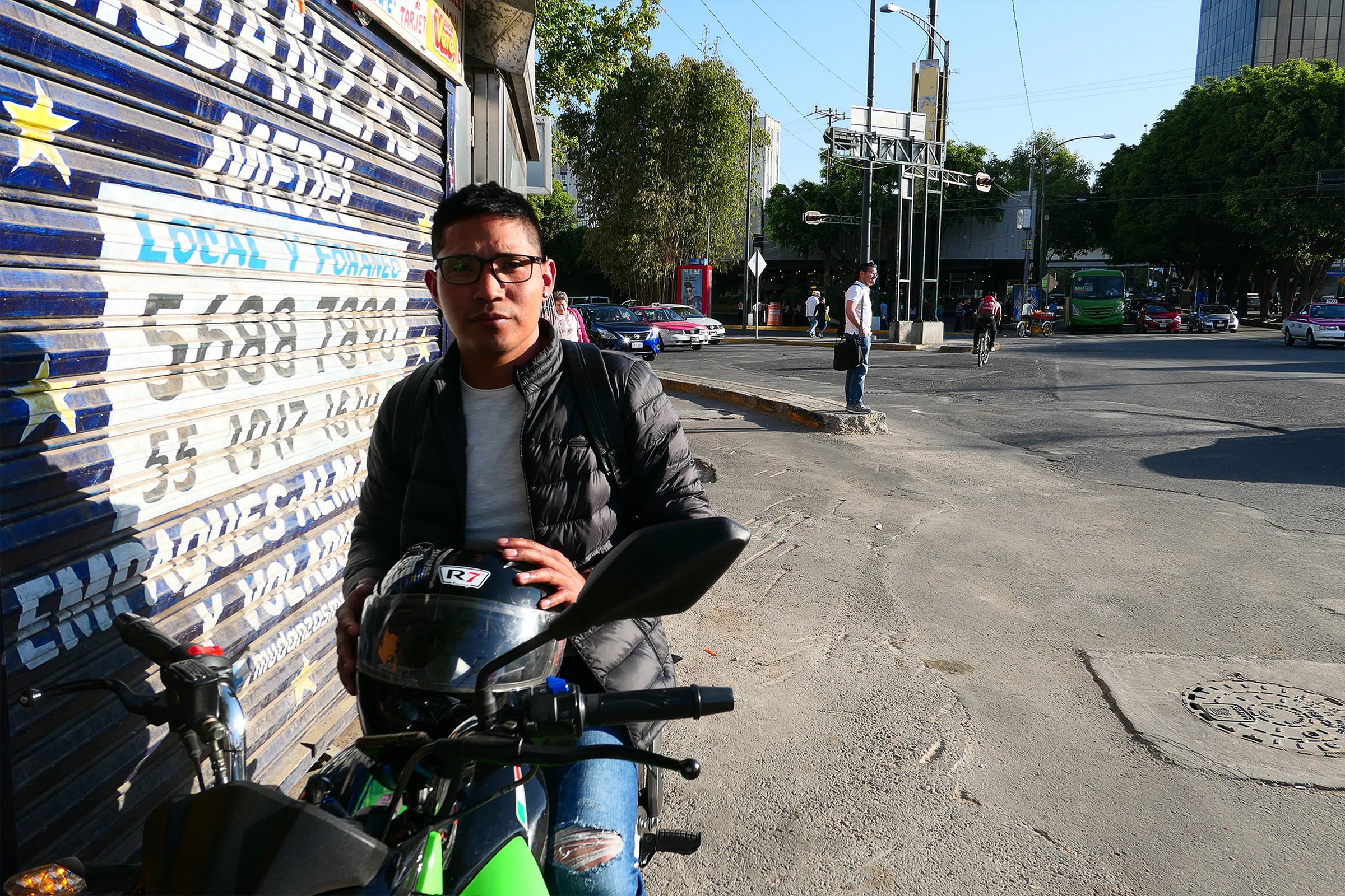Rosales on his motorcycle in Mexico City 