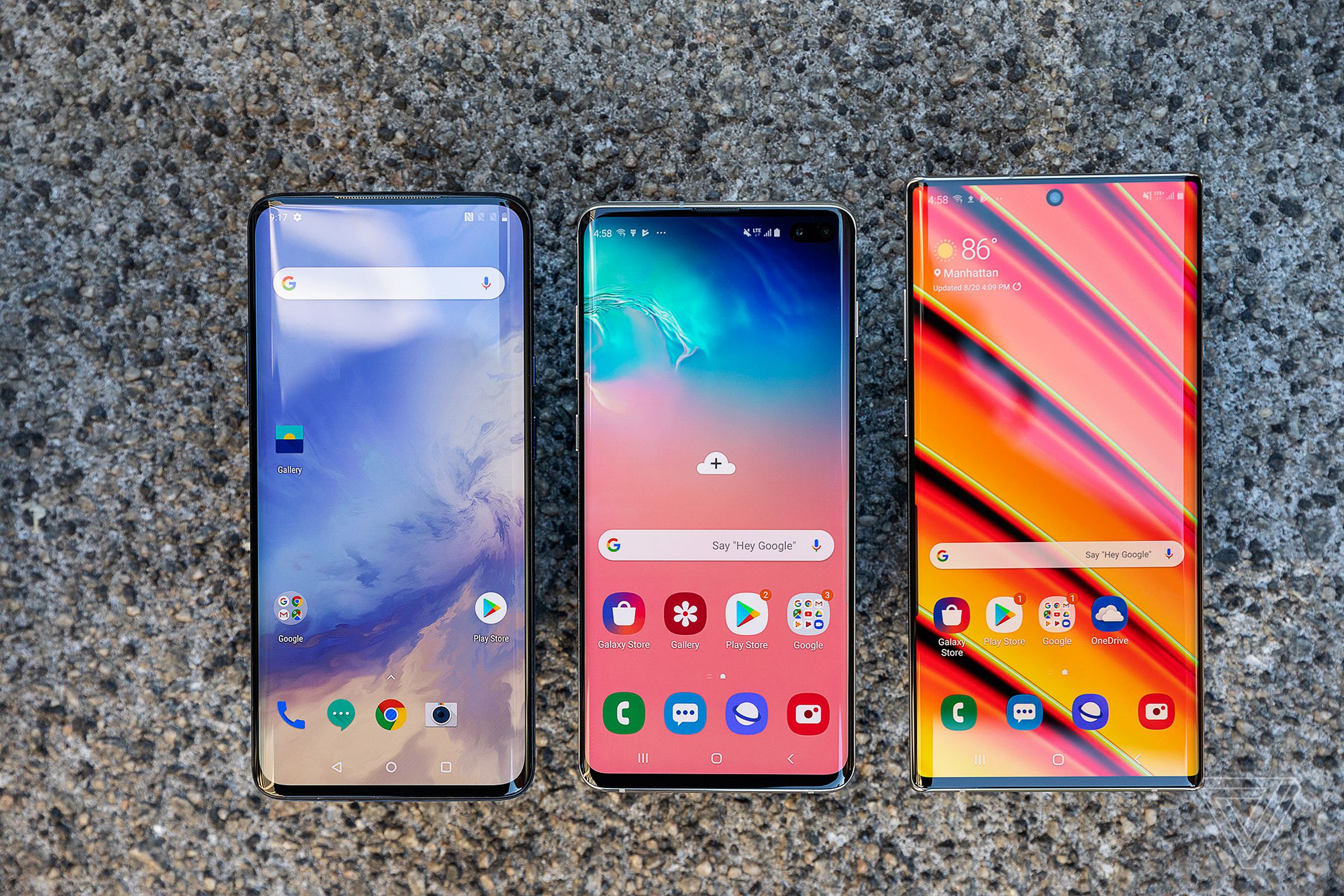 Left to right: OnePlus 7 Pro, Galaxy S10 Plus, Galaxy Note 10 Plus