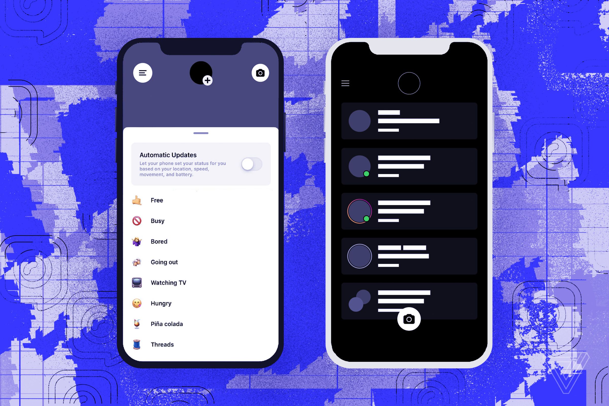 Illustrated screenshots from Threads, a new messaging app from Facebook and Instagram