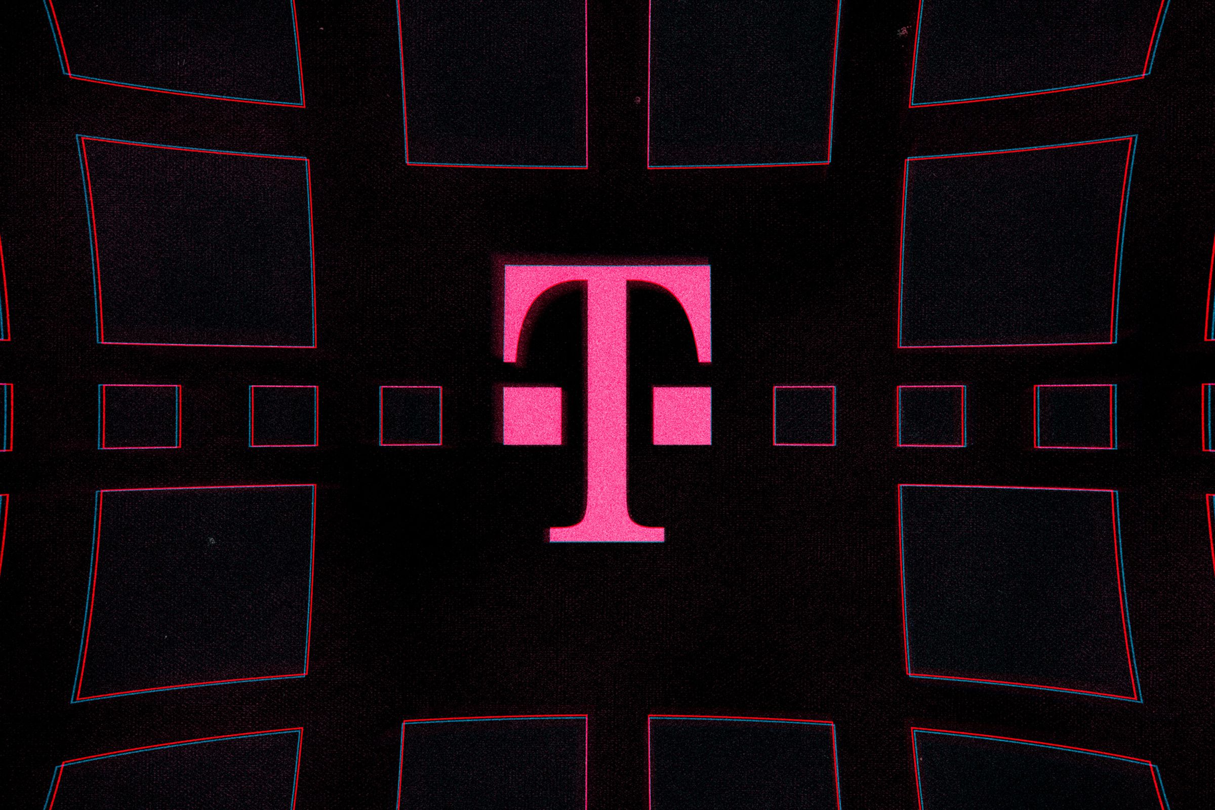 An illustration of T-Mobile’s magenta “T” logo on a black field with color-matched graphical squares.