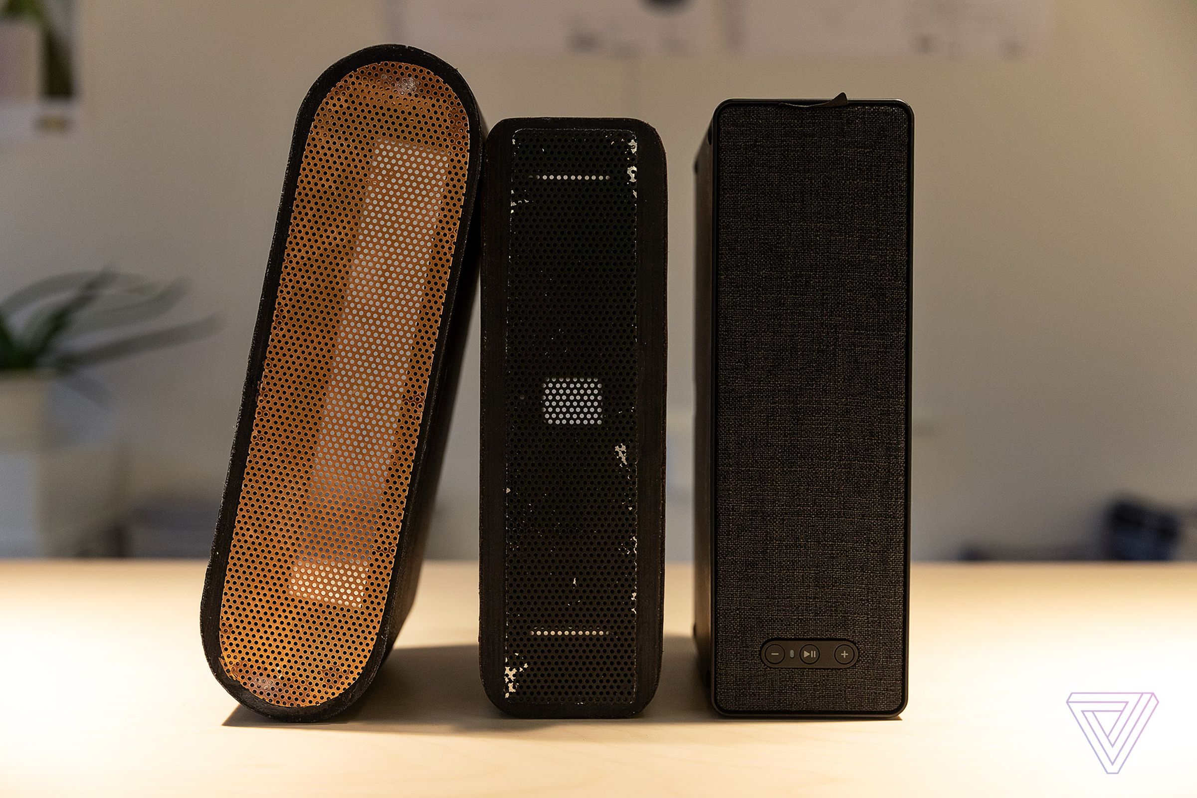 Ikea’s Sonos-compatible Symfonisk shelf speaker (right) next to two early prototypes.