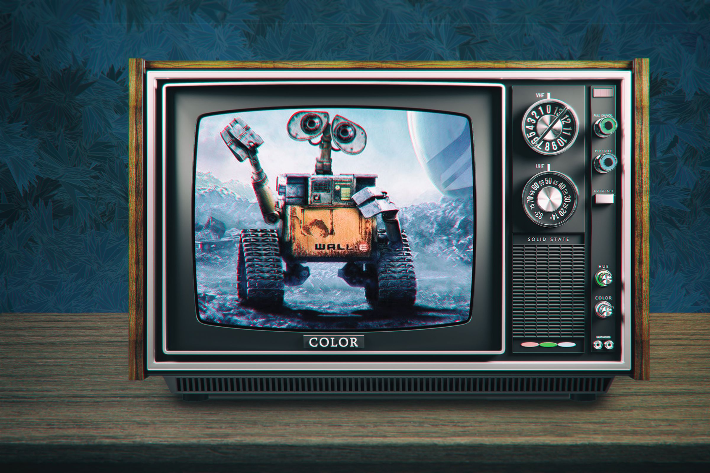 Image of WALL-E, a square robot, on an old-fashioned TV set.
