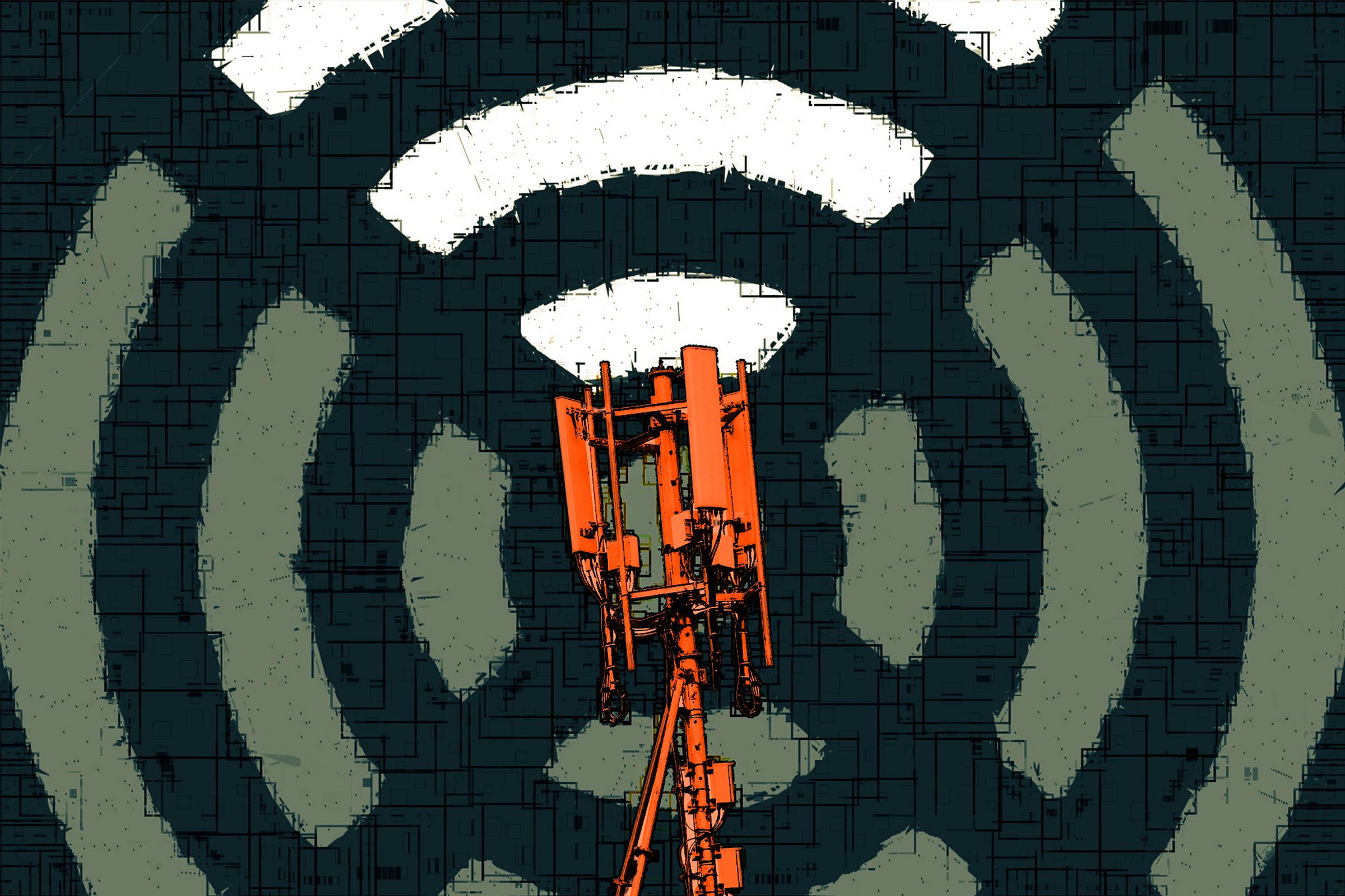A stylized image of a 5G cell tower.