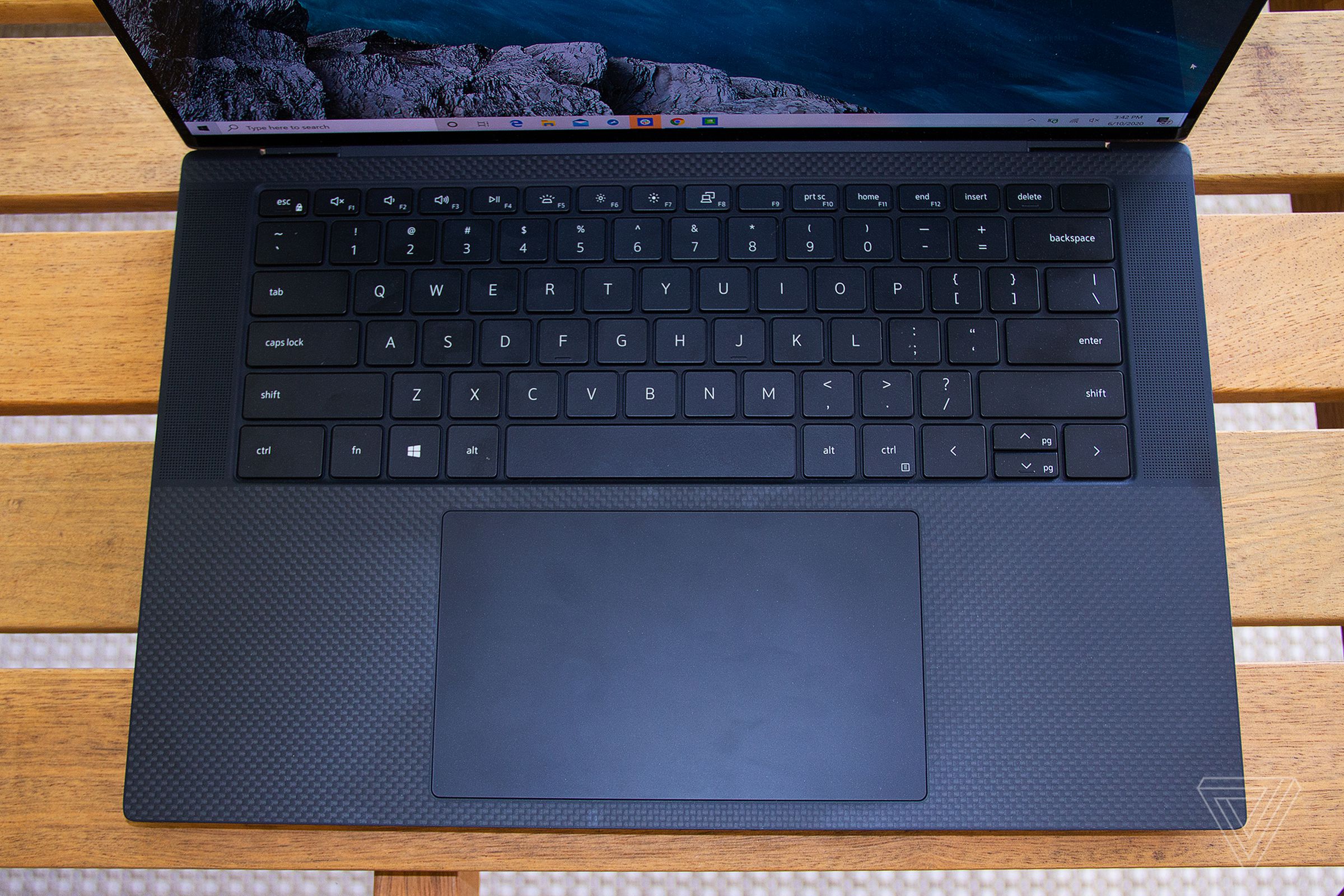 Top down view of the keyboard of the Dell XPS 15 laptop.