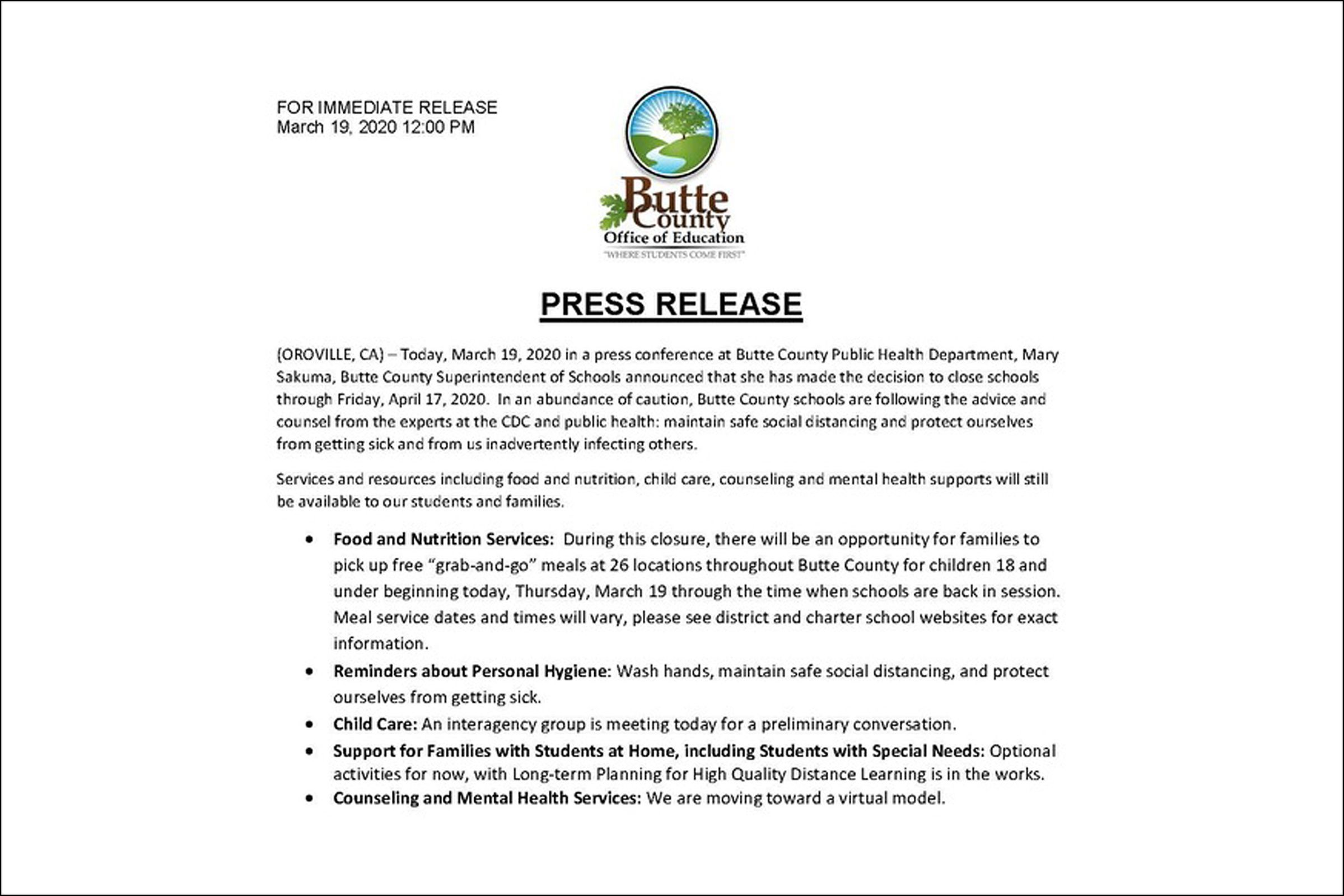 A press release from Butte County Office of Education stating their decision to extend the closure of schools.