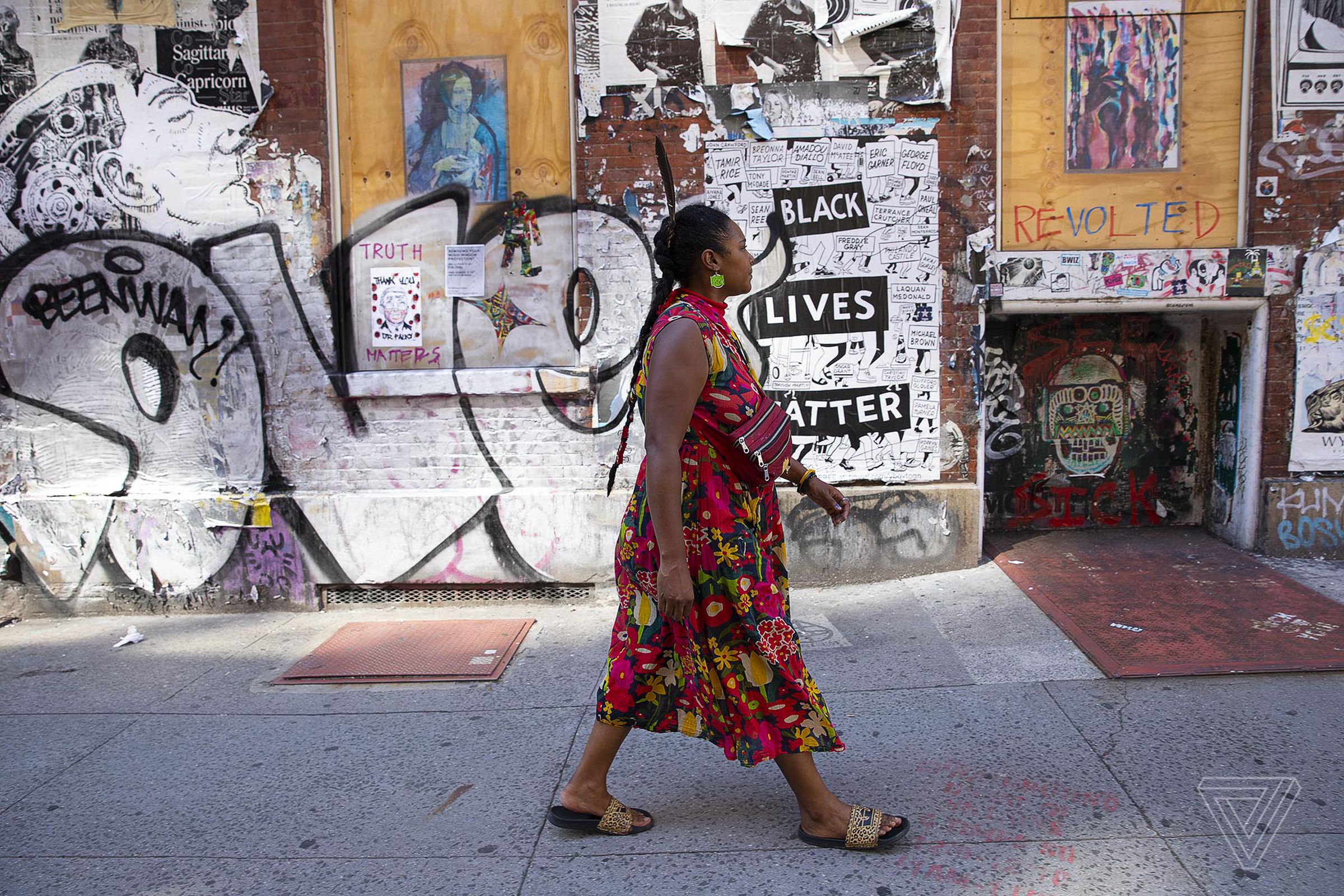 Artist Konstance Patton walks down the street in SoHo in lower Manhattan. 