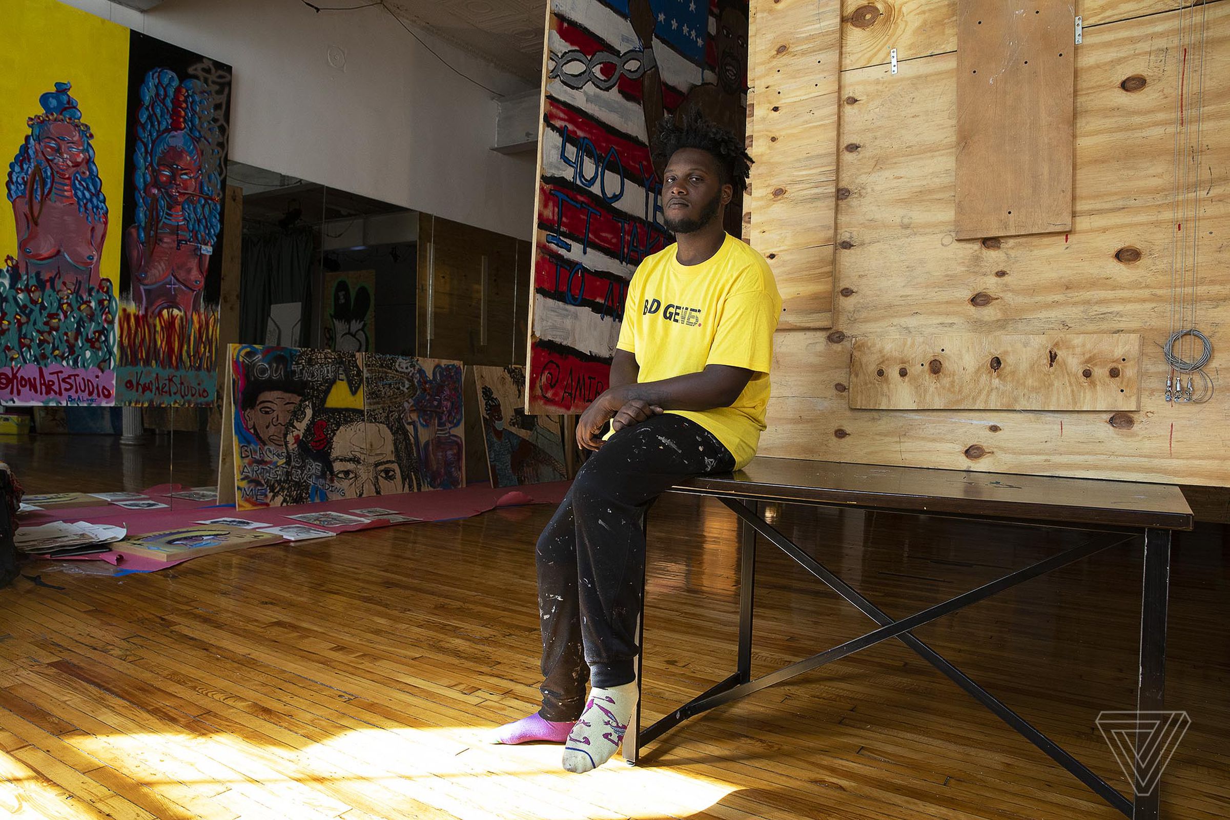 Amir Diop poses for a portrait in the studio space that became a home base for the newly created Soho Renaissance Factory collective. 