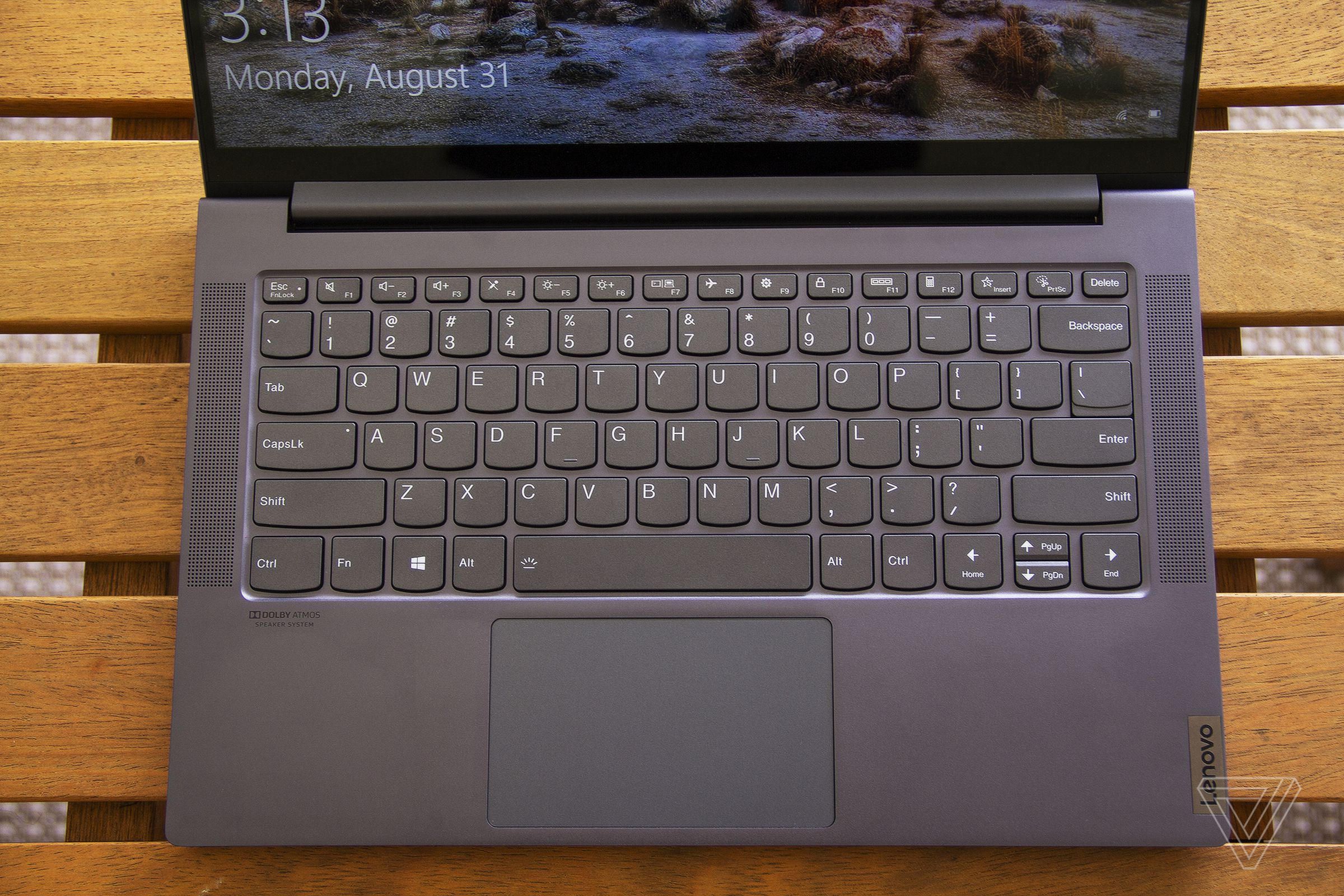 The Lenovo IdeaPad Slim 7’s keyboard from above.