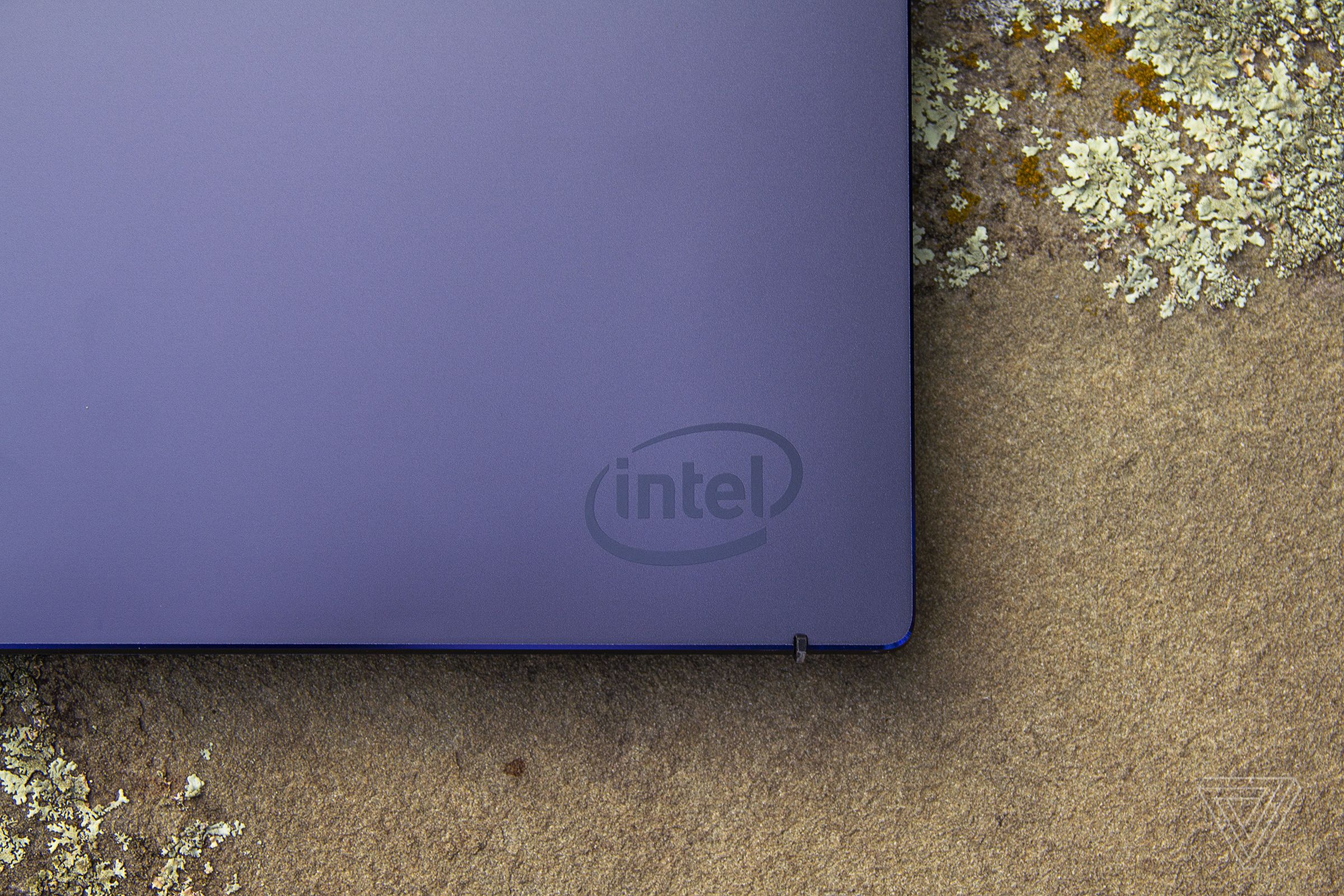 A corner of Intel’s Tiger Lake reference design, showing the Intel logo.