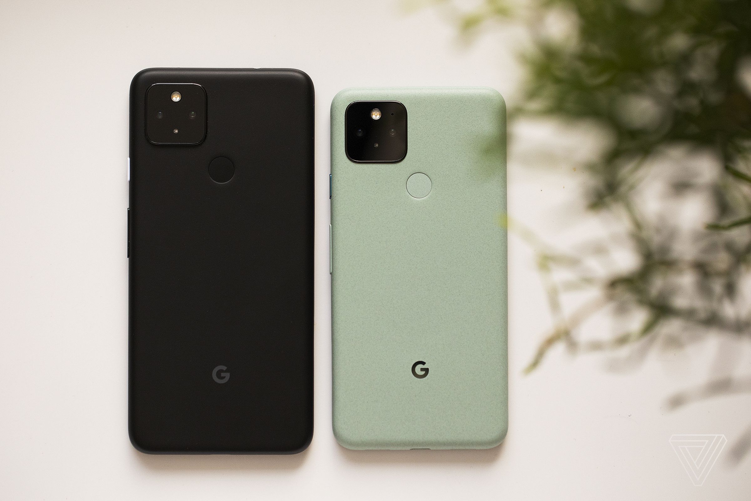 The Pixel 5 (right) next to the Pixel 4A 5G.
