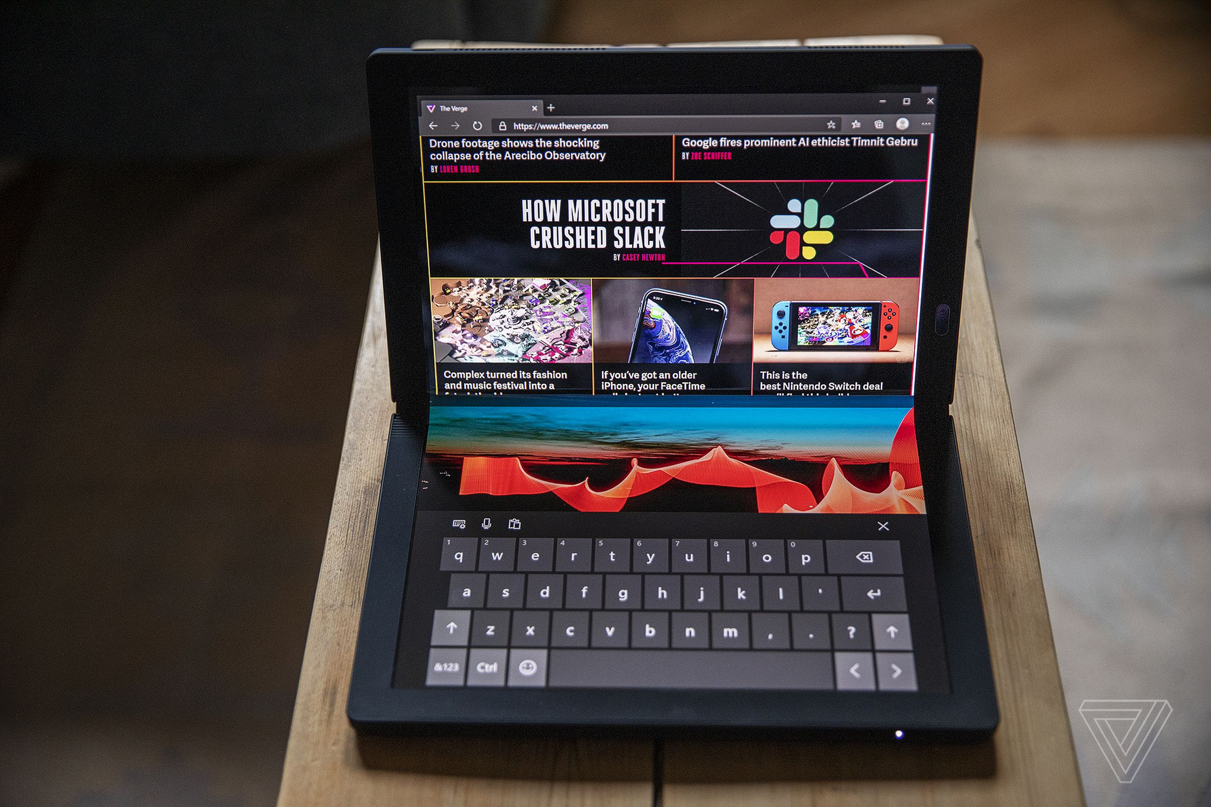 The Lenovo ThinkPad X1 Fold in mini-laptop mode.