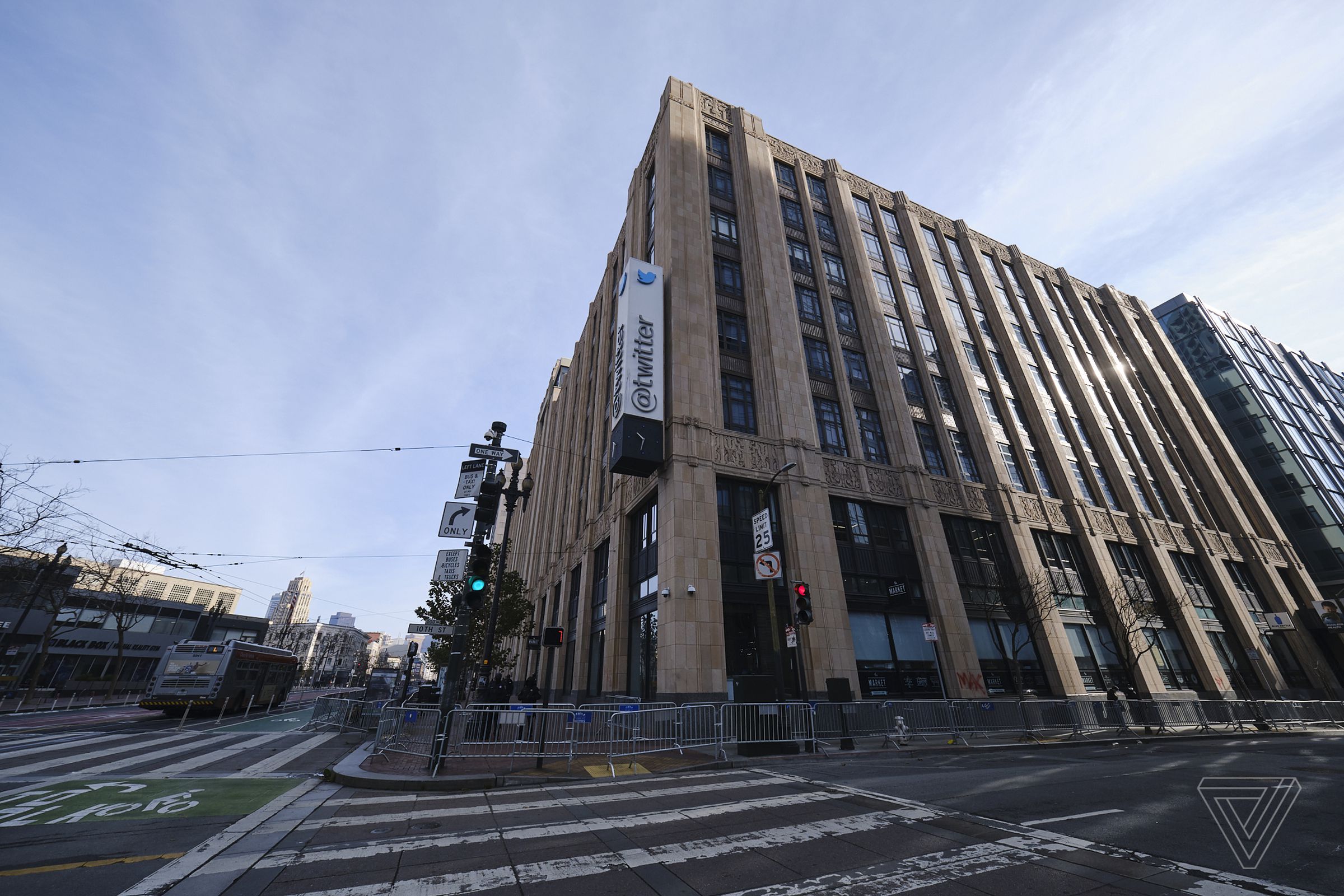 Twitter’s headquarters on Market St. in San Francisco was barricaded with fences.