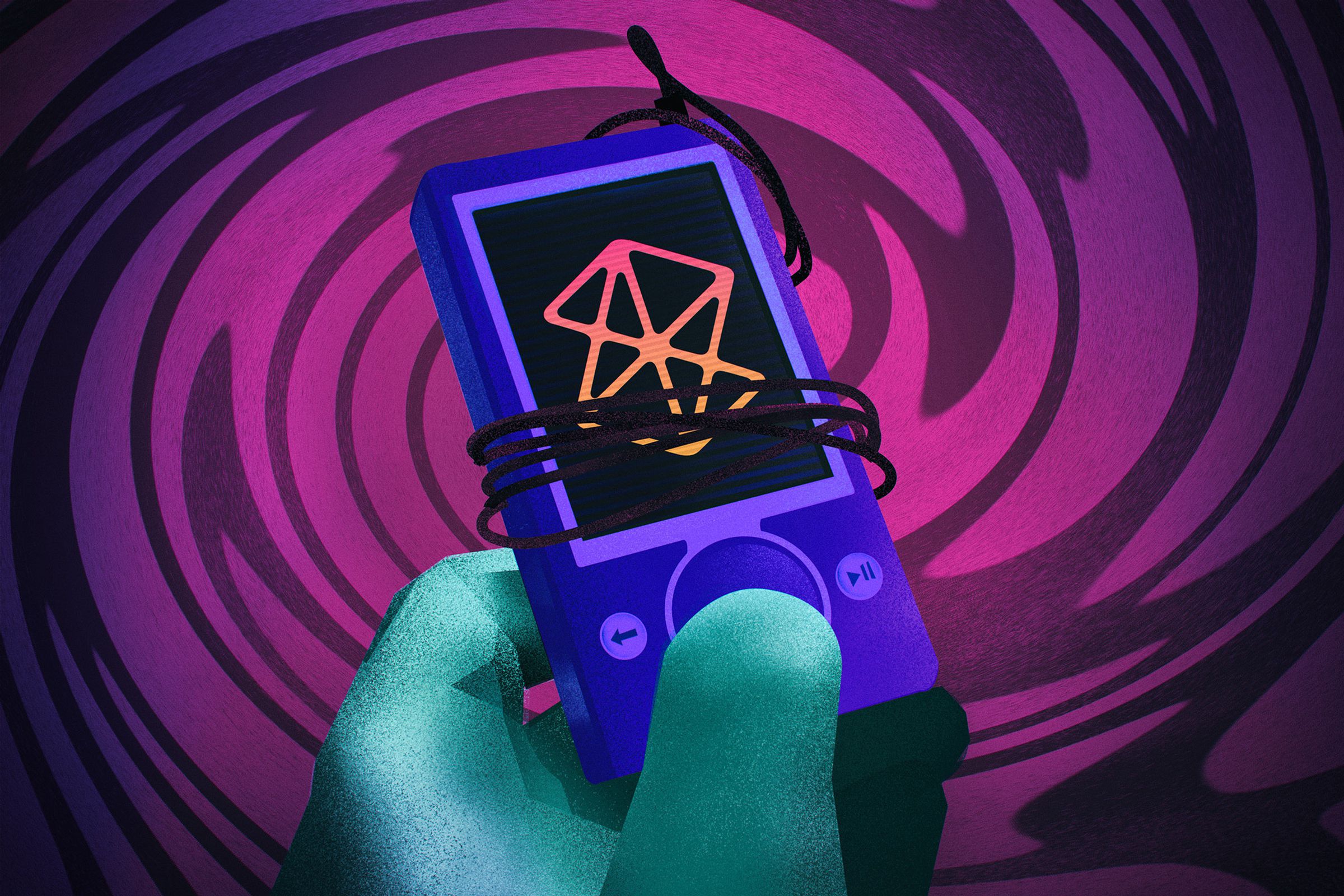 illustration of a Zune with a cable wrapped around it and purple hues